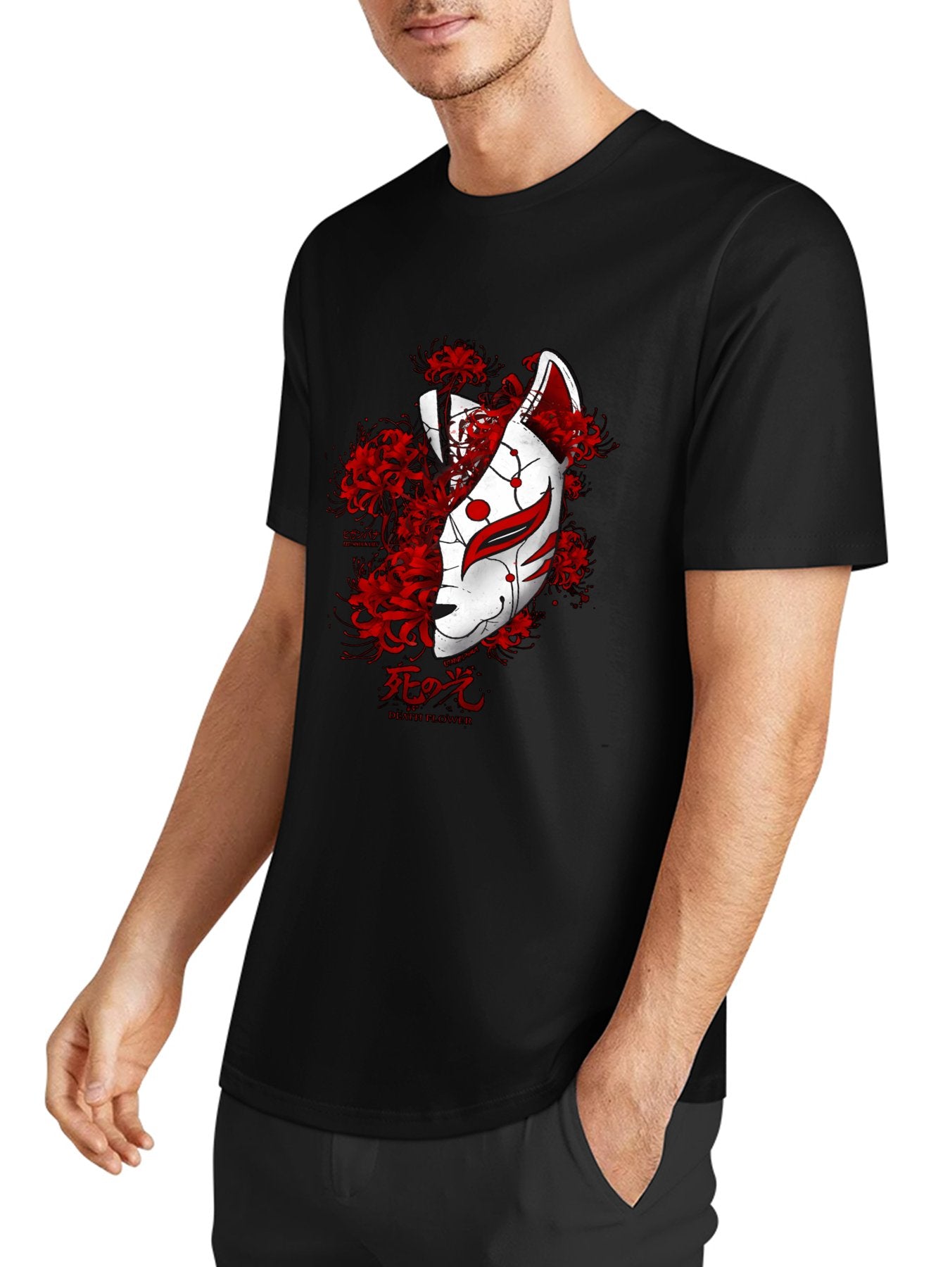 Inkmay Casual Cotton T-shirt Fox Mask With Red Flowers Art Unisex T-shirtVintage TrueStyle T-Shirt