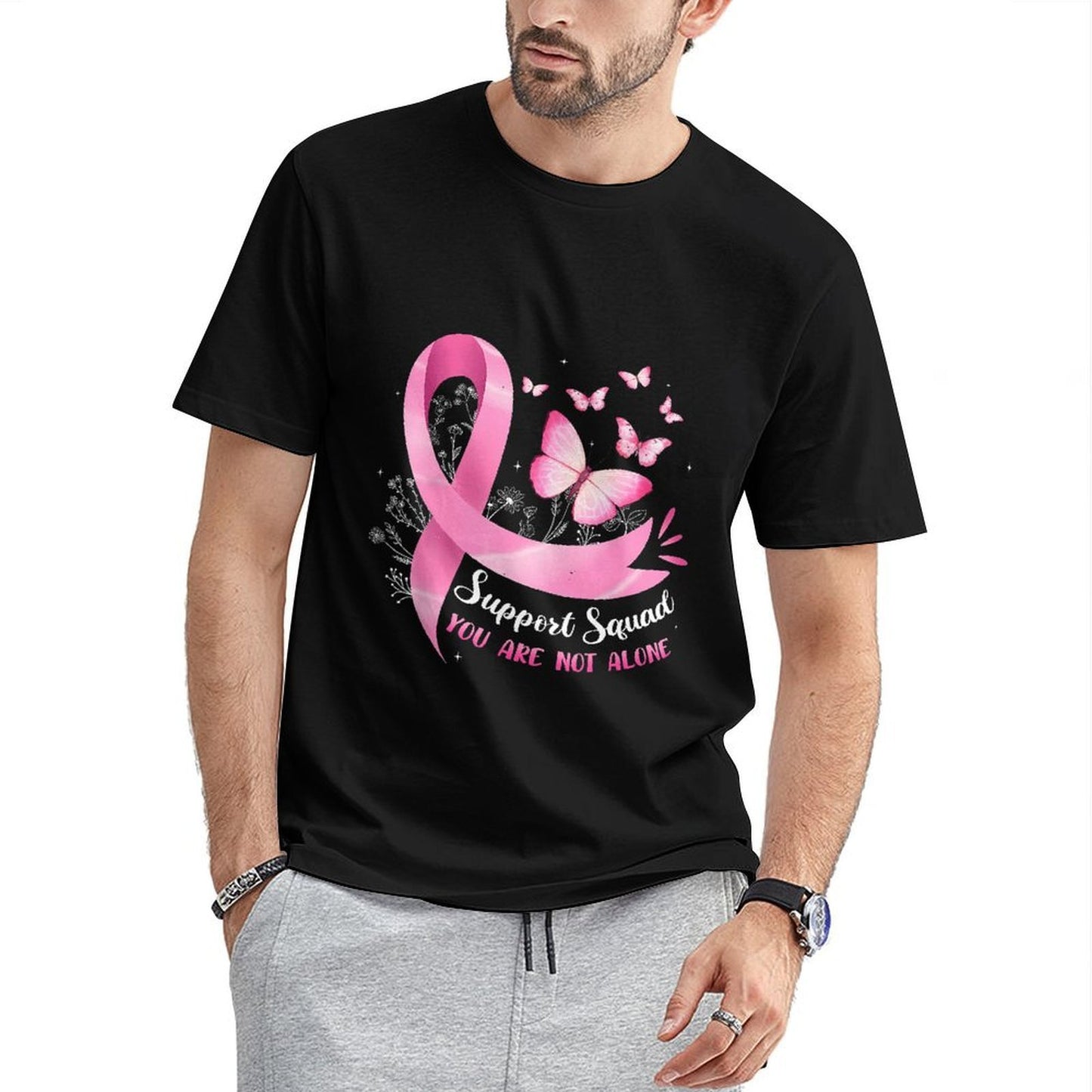 inkmay-casual-cotton-t-shirt-pink-ribbon-butterflies-support-squad-design-unisex-t-shirt