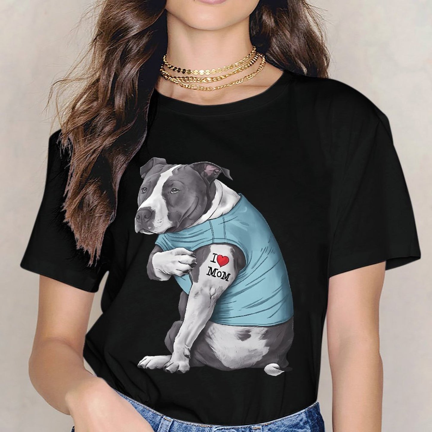 Inkmay Casual Cotton T-shirt Dog Wears Blue Shirt Tattoo Mom Unisex T-shirtEveryday ClassicStyle T-Shirt