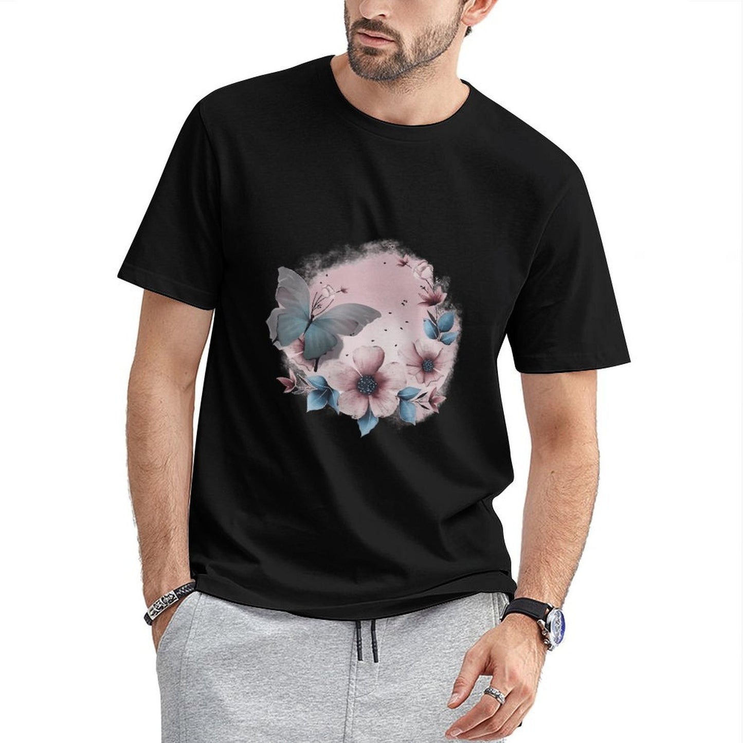 Inkmay Casual Cotton T-shirt Floral Butterfly Design With Soft Colors Unisex T-shirtCotton Printing T-Shirt