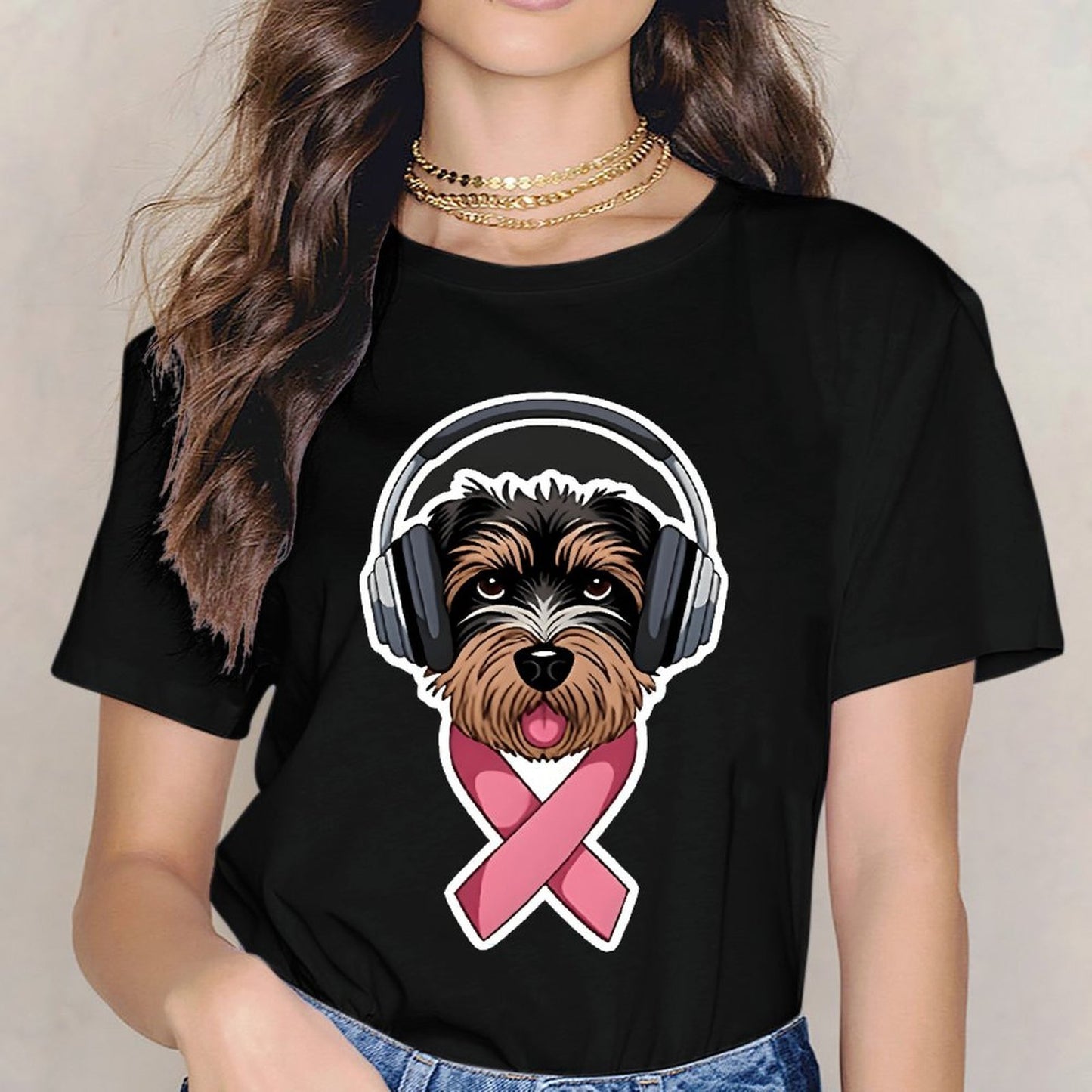 Inkmay Casual Cotton T-shirt Dog Wearing Headphones Pink Ribbon Support Unisex T-shirtClean Chill T-Shirt