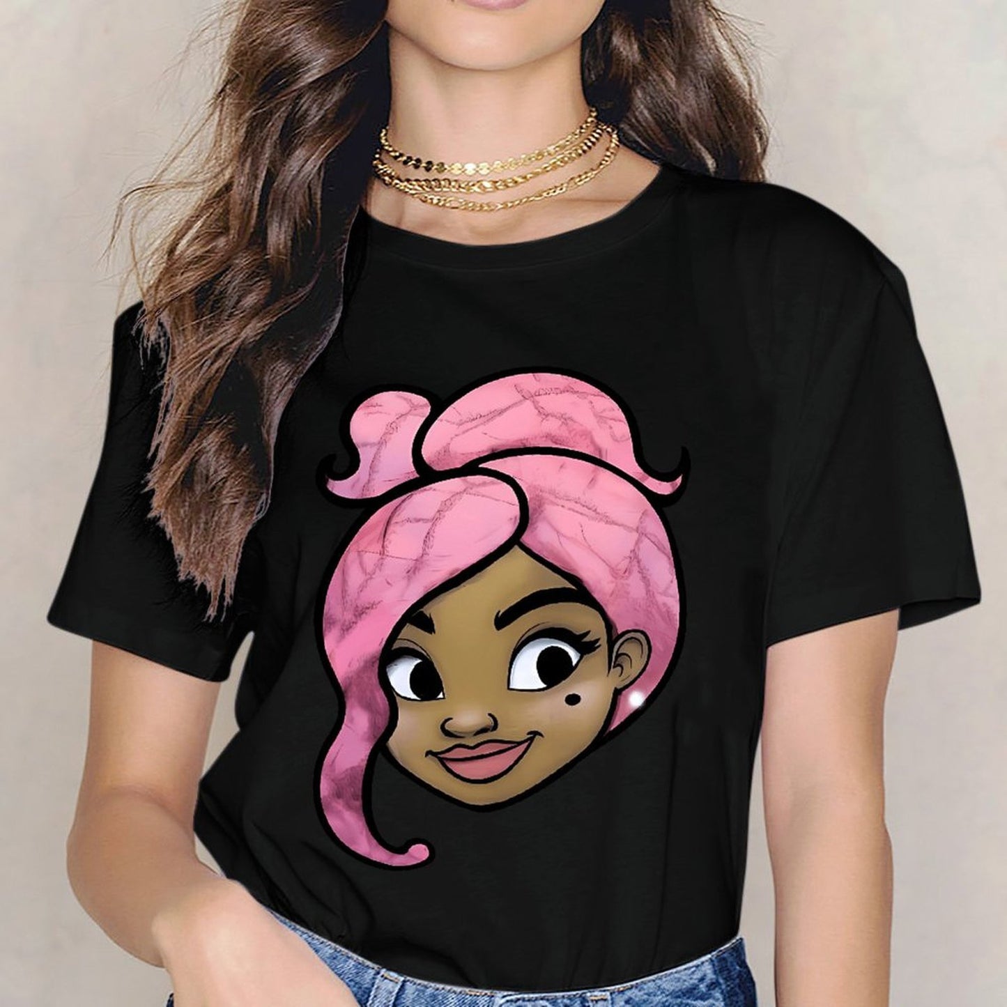 Inkmay Casual Cotton T-shirt Pink Hair With Swirls And Highlights Unisex T-shirtDaily ClassicSeries T-Shirt