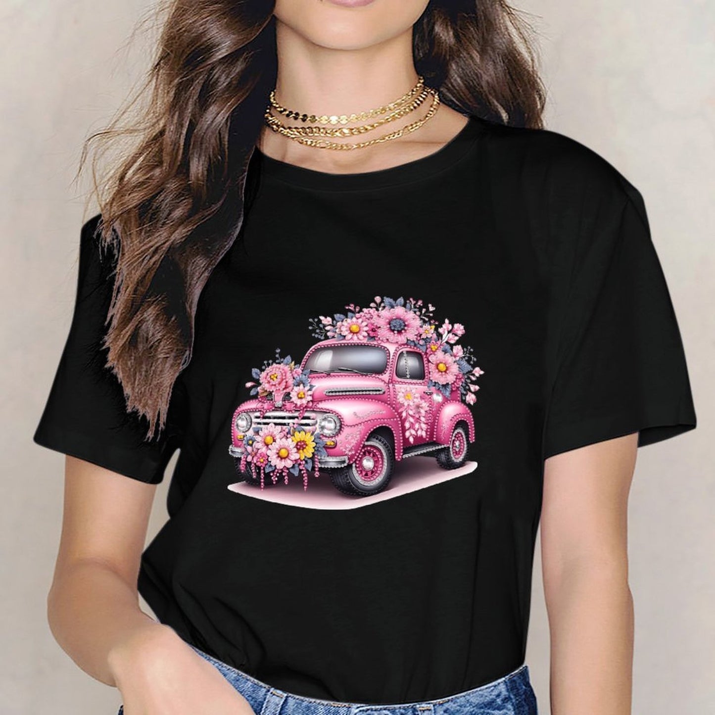 Inkmay Casual Cotton T-shirt Floral Decorated Pink Car Artwork Unisex T-shirtComfort Crisp Print T-Shirt
