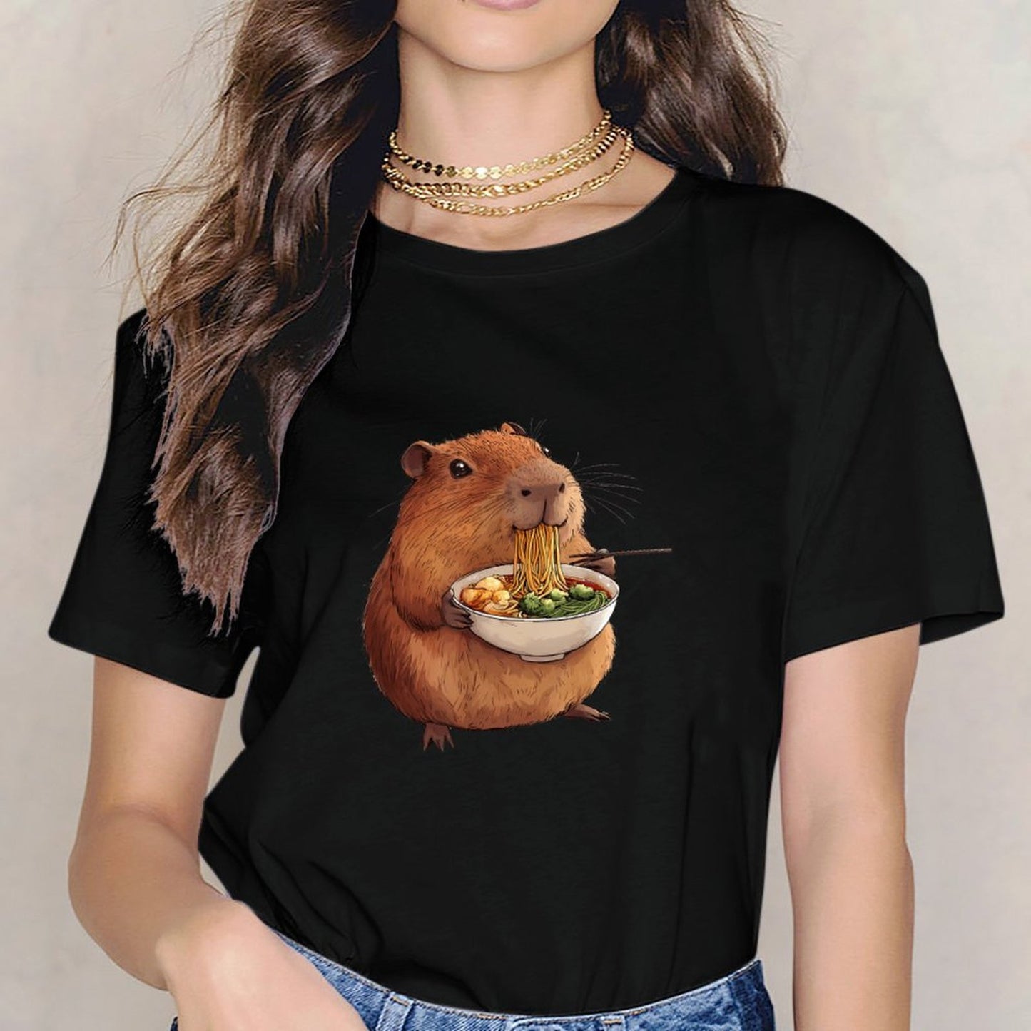 Inkmay Casual Cotton T-shirt Cute Hamster Eating Noodles With Chopsticks Unisex T-shirtUltra Durable Retro T-Shirt