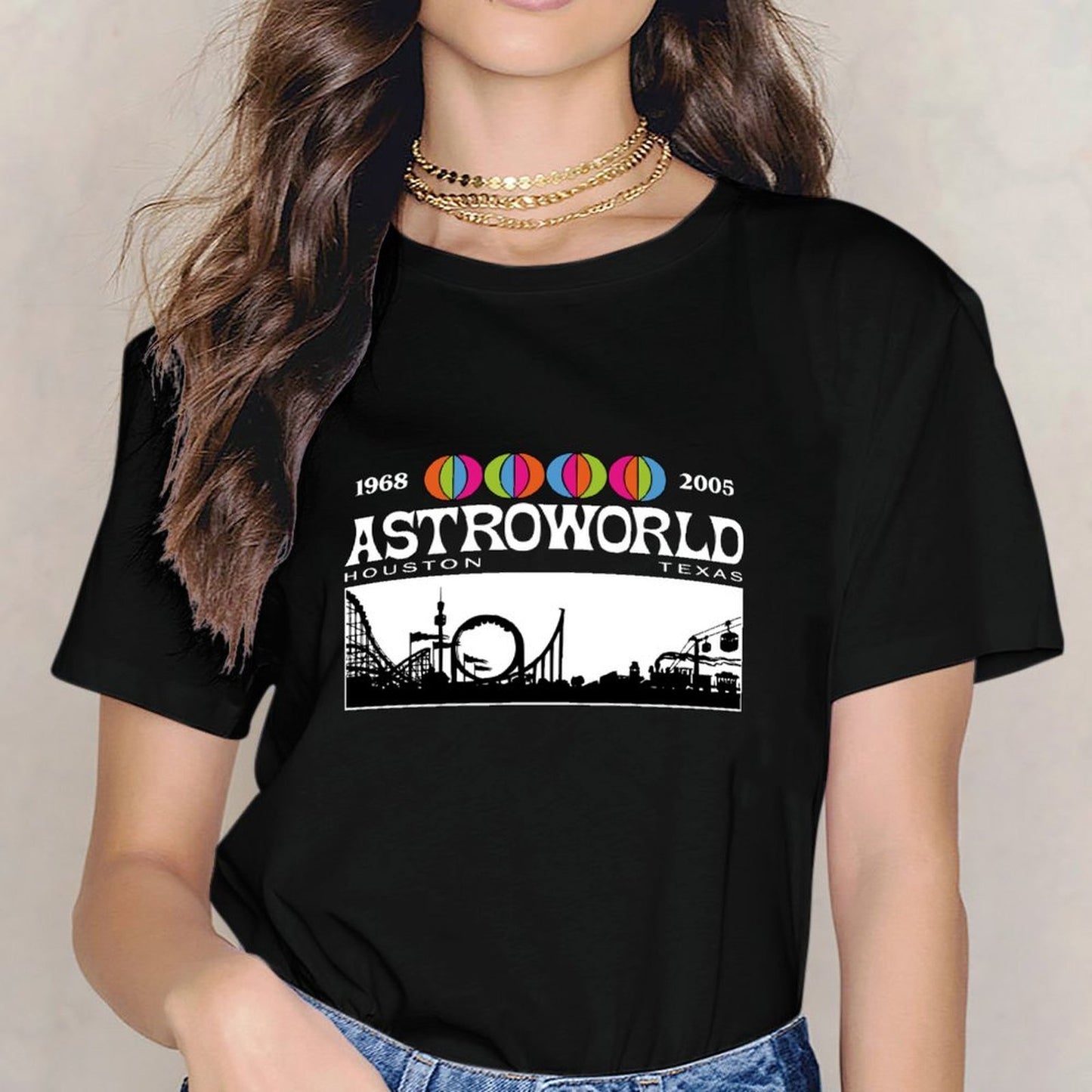 Inkmay Casual Cotton T-shirt Amusement Park Silhouette With Colorful Balloons Unisex T-shirtEco-Conscious Tear-Resistant T-Shirt