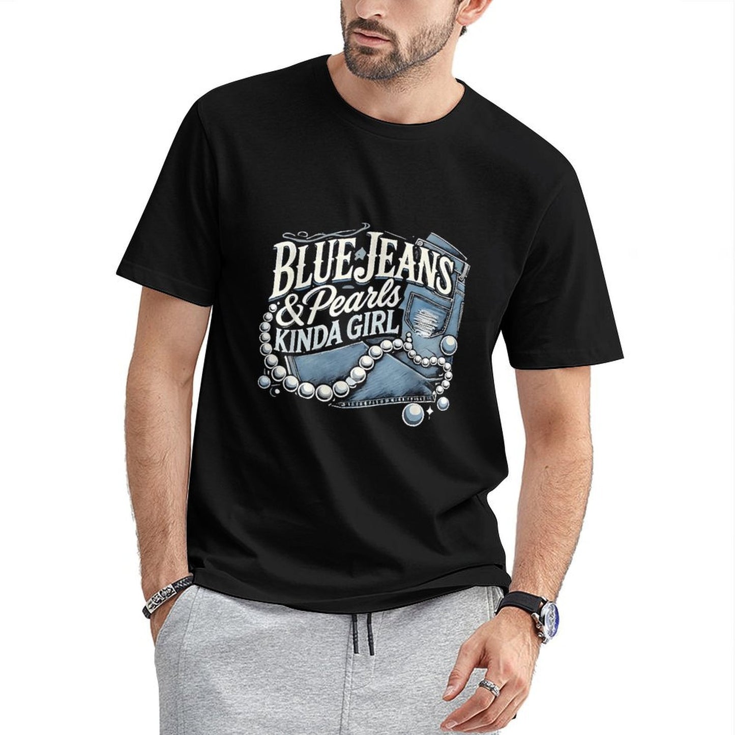 Inkmay Casual Cotton T-shirt Blue Jeans And Pearls Kinda Unisex T-shirtLong Lasting Minimal T-Shirt