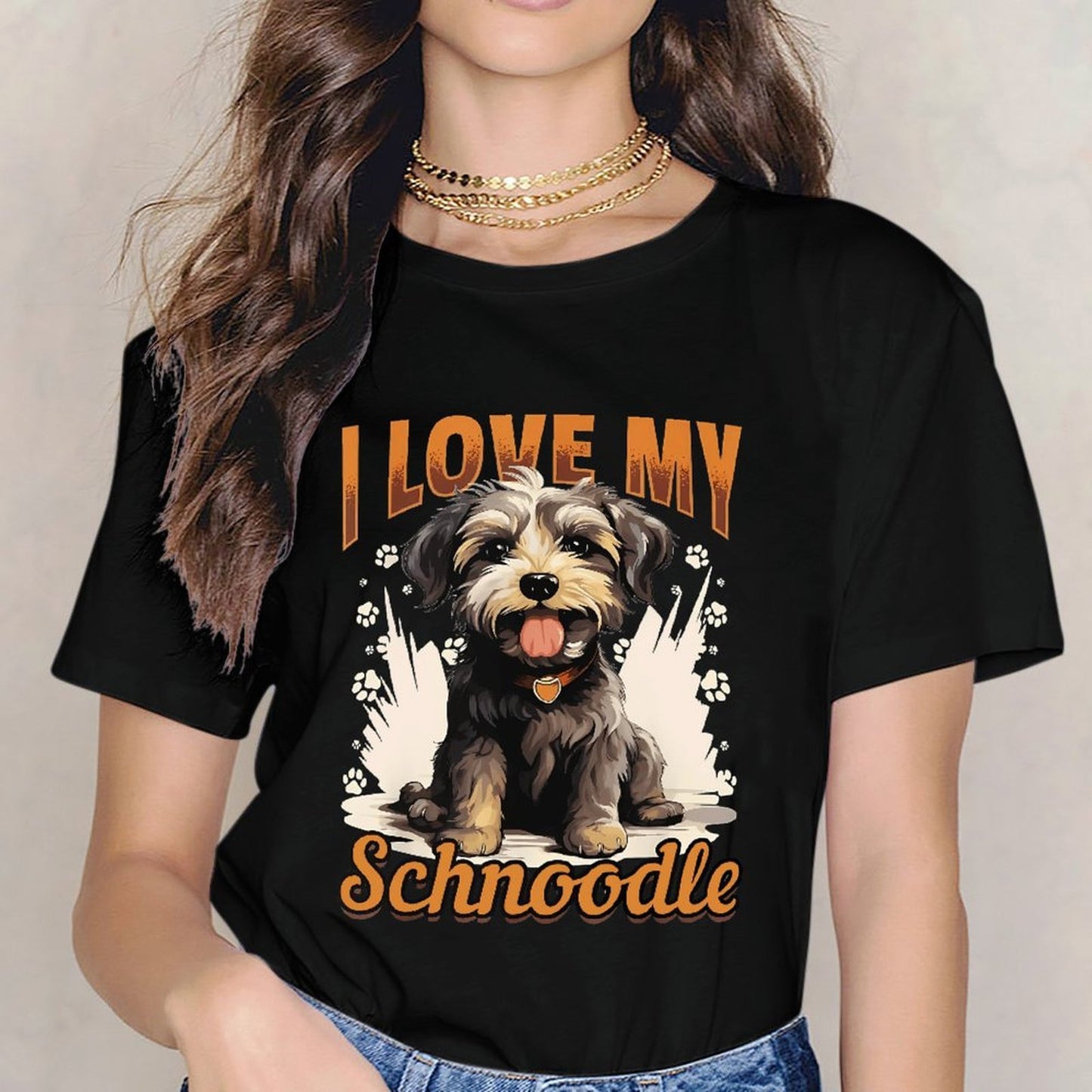 inkmay-casual-cotton-t-shirt-cute-schnoodle-with-paw-prints-design-unisex-t-shirt