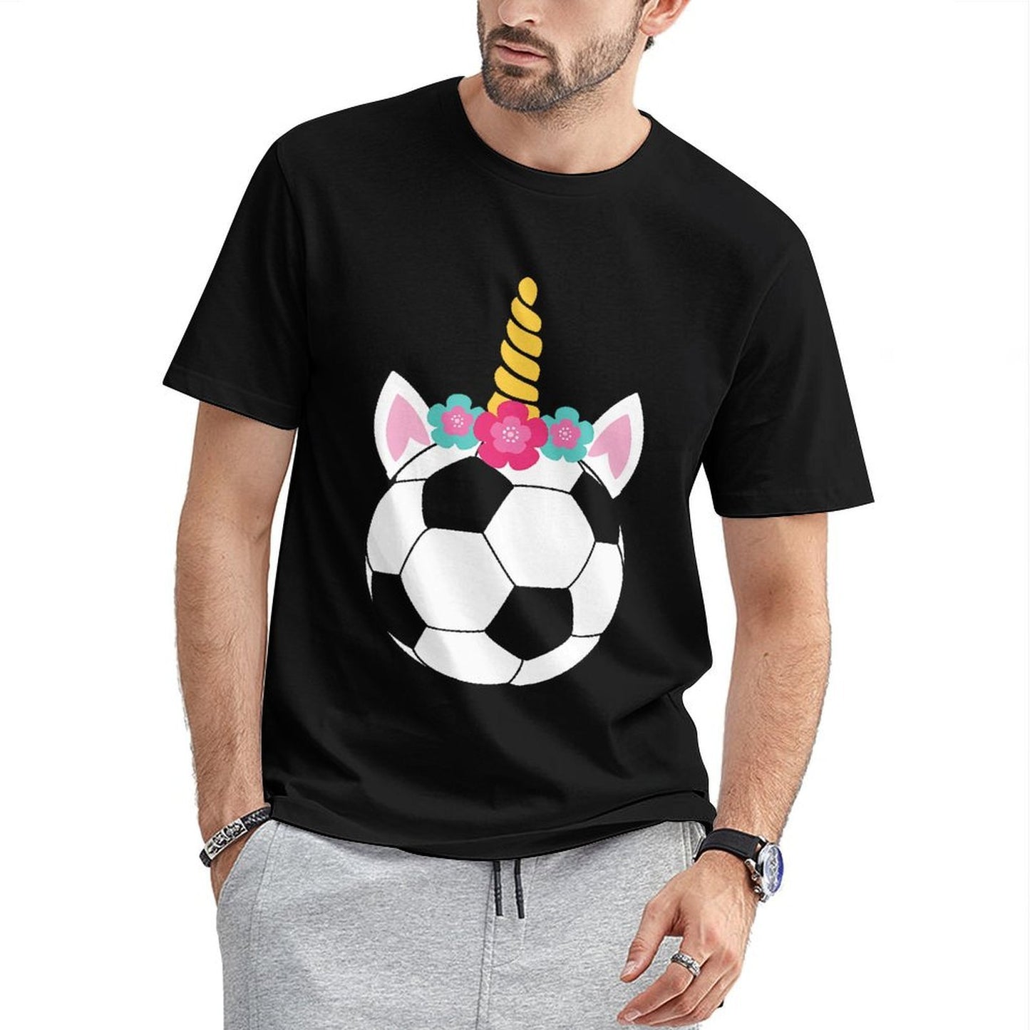 Inkmay Casual Cotton T-shirt Soccer Ball With Unicorn Horn Flowers Unisex T-shirtDaily LooseFit T-Shirt