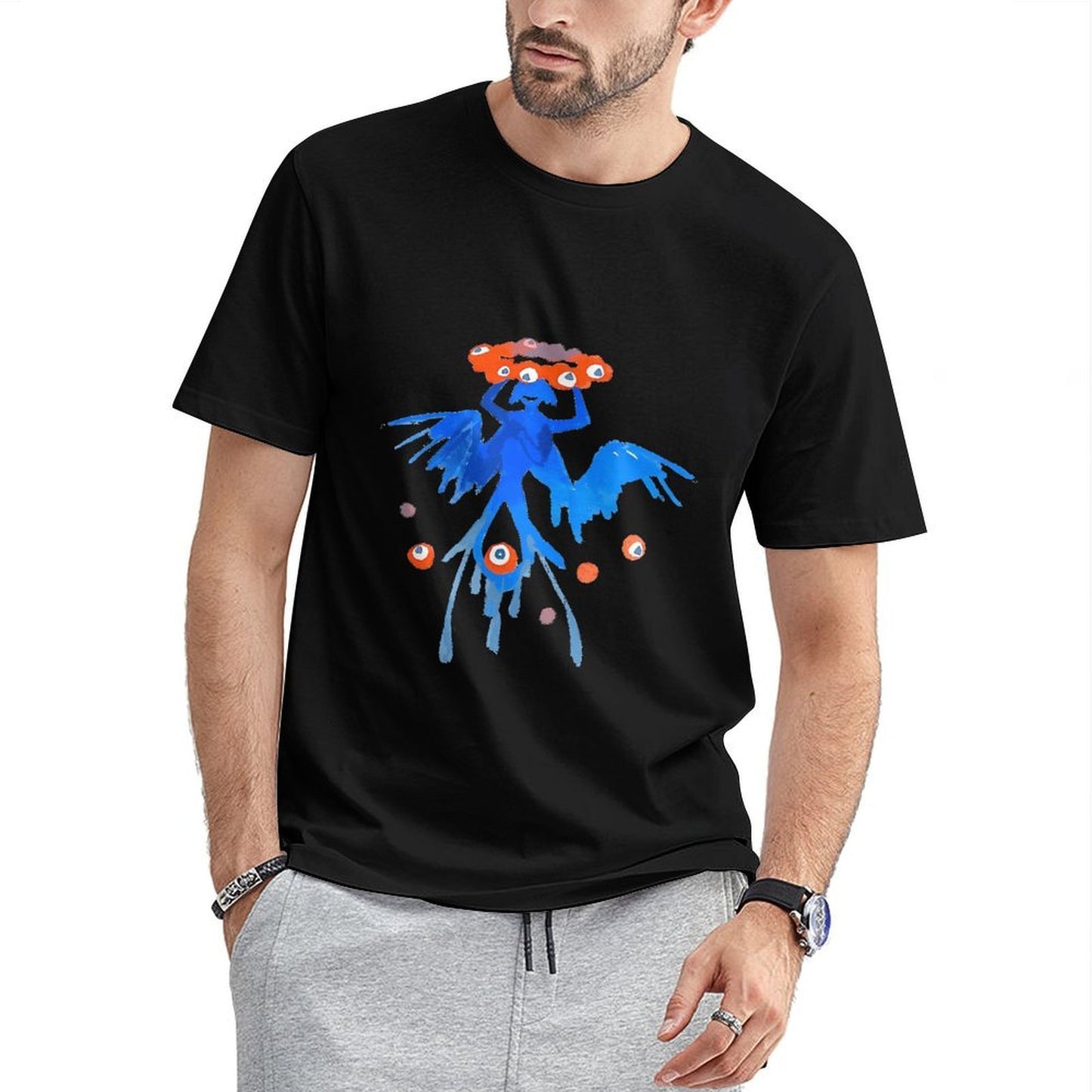 Inkmay Casual Cotton T-shirt Blue Creature With Orange Eyes Pattern Unisex T-shirtEverydayFit Natural T-Shirt