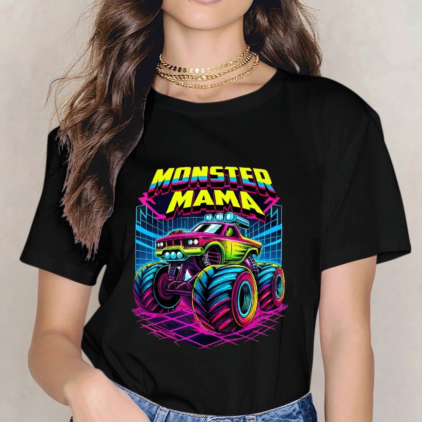 Inkmay Casual Cotton T-shirt Monster Mama Truck With Neon Wheels Unisex T-shirtYearRound ClassicSeries T-Shirt