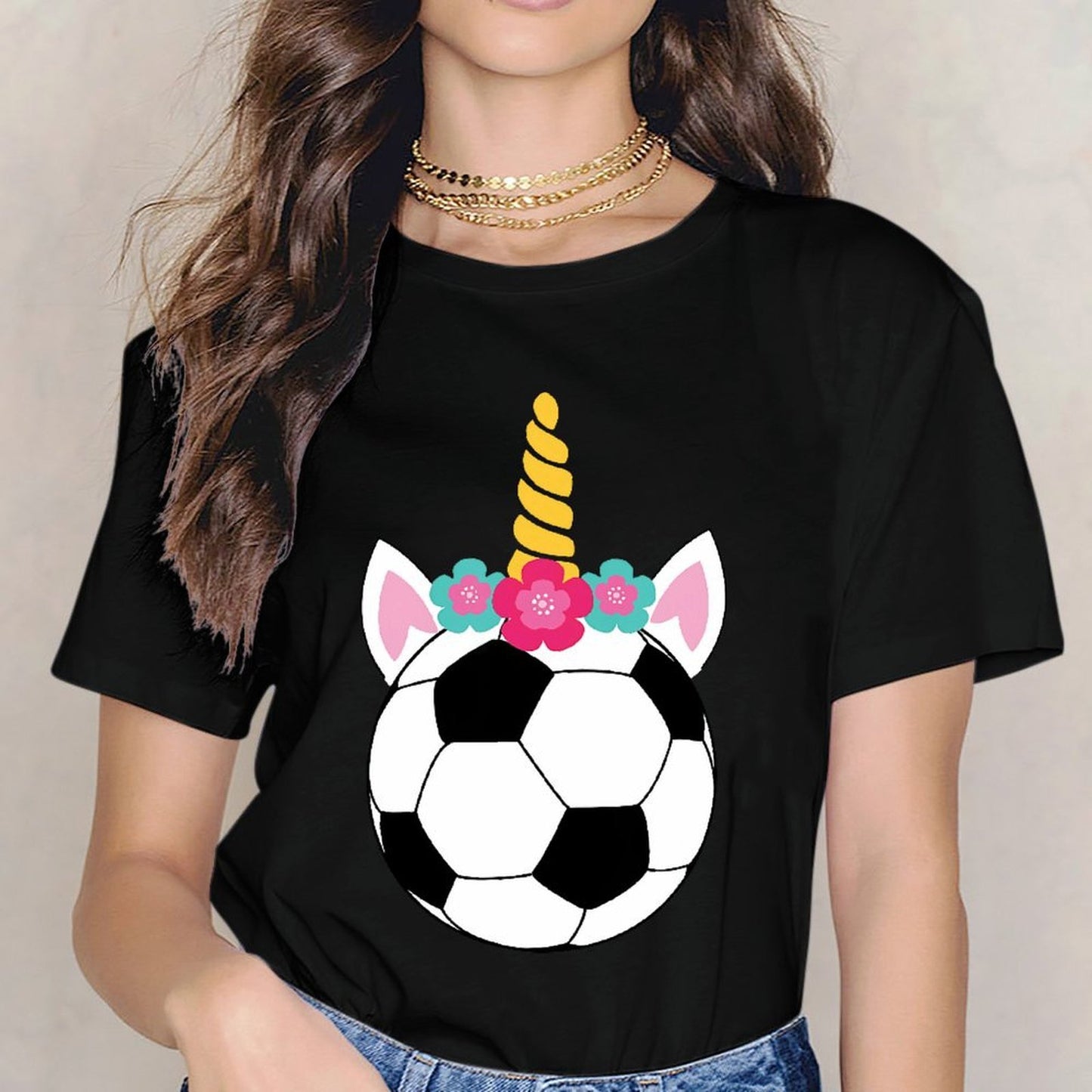 Inkmay Casual Cotton T-shirt Soccer Ball With Unicorn Horn Flowers Unisex T-shirtDaily LooseFit T-Shirt