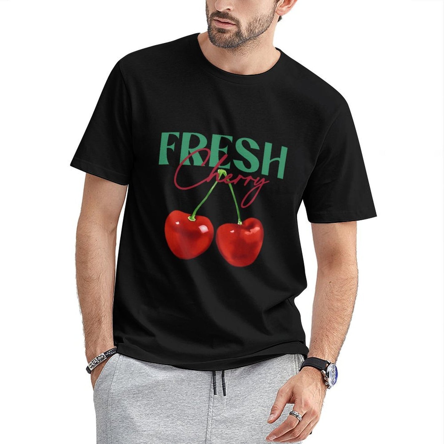 Inkmay Casual Cotton T-shirt Cherry Pattern Prints Fresh And Vibrant Unisex T-shirtBasic Plain T-Shirt
