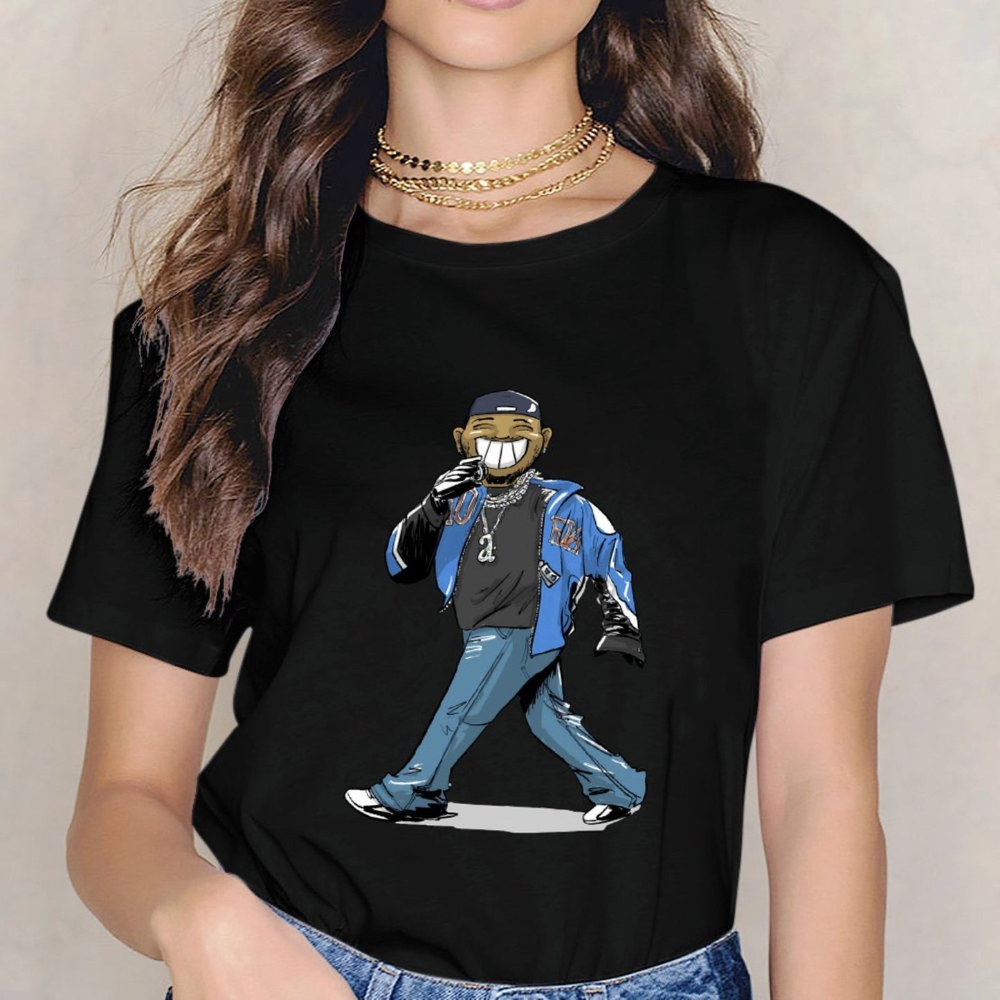 Inkmay Casual Cotton T-shirt Cartoon Character Wearing Blue Jacket Pants Unisex T-shirtStreet Fitted T-Shirt
