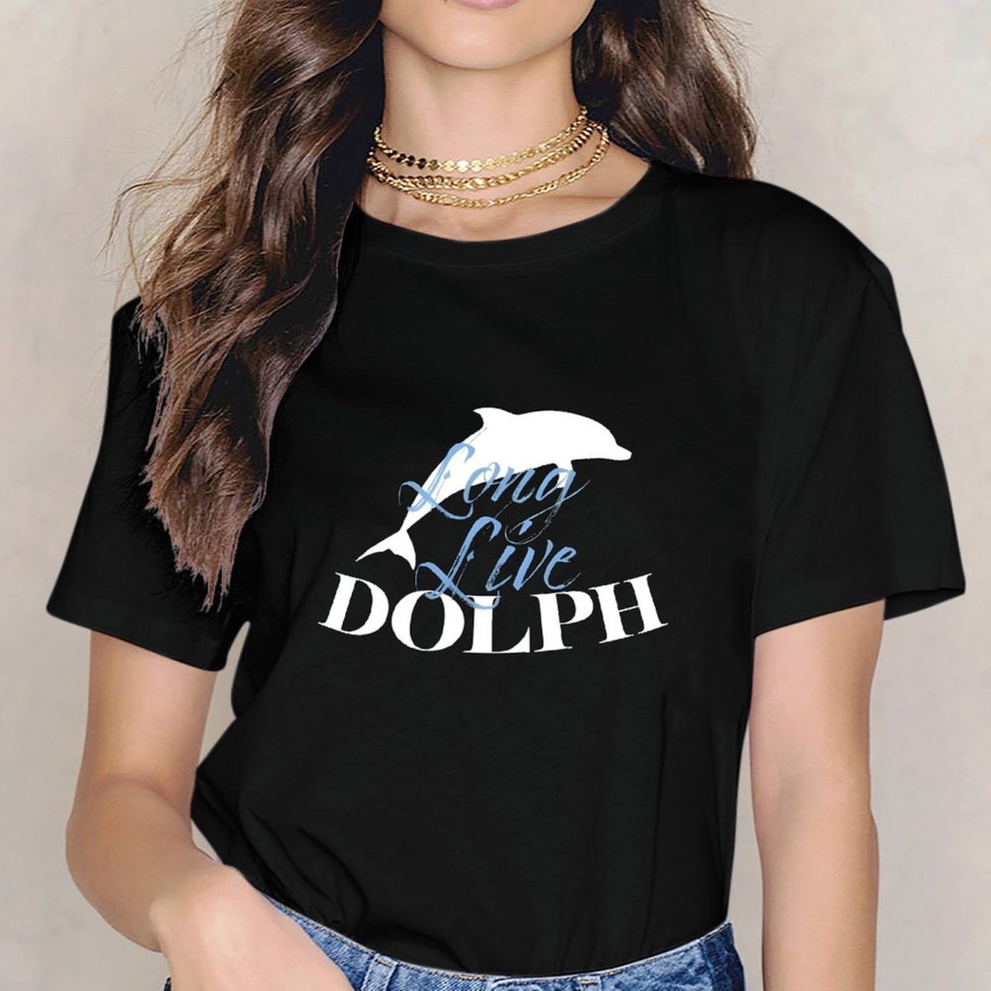 Inkmay Casual Cotton T-shirt Dolphin Silhouette With Long Live Dolph Unisex T-shirtDouble-Stitched Batch-Printed T-Shirt