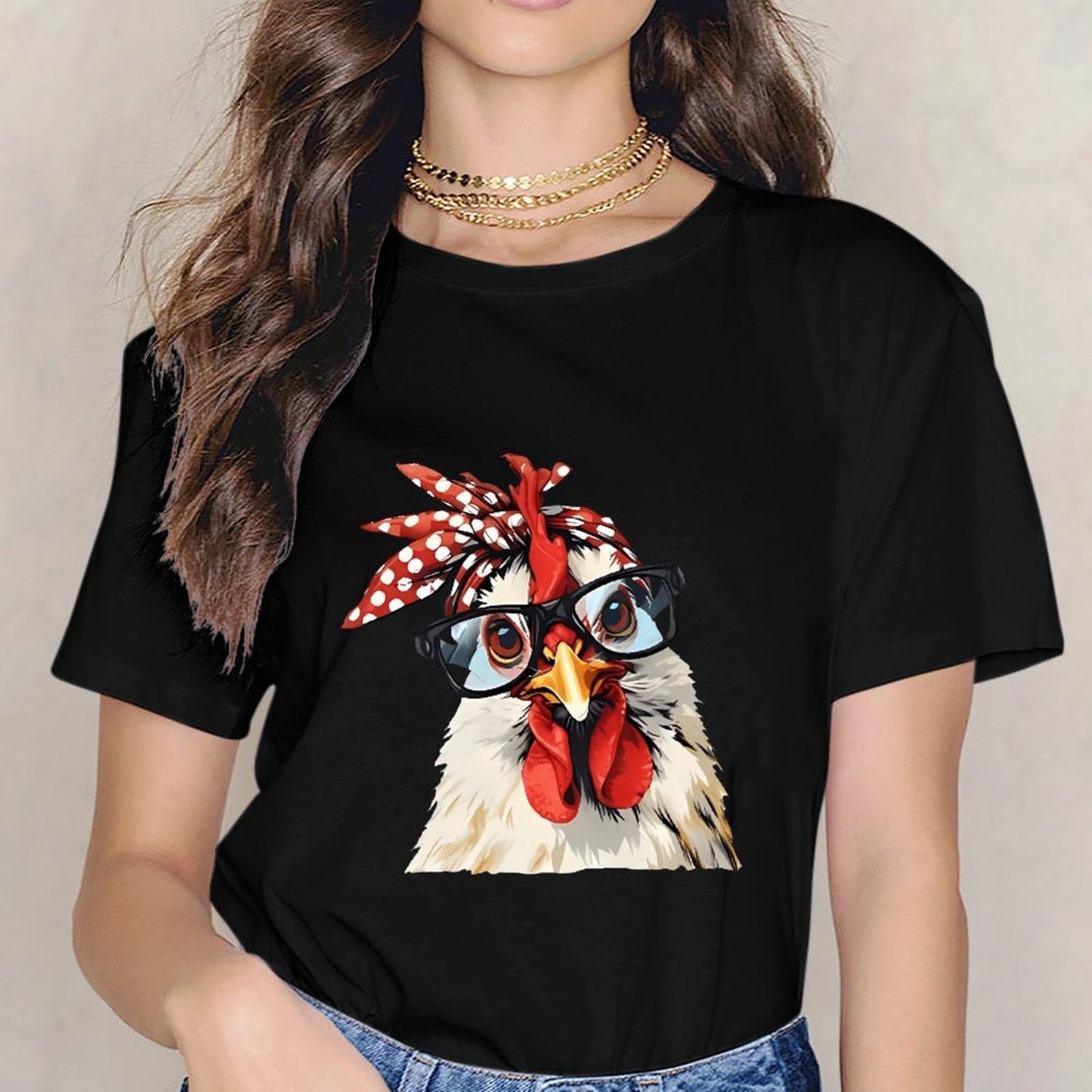 Inkmay Casual Cotton T-shirt Stylish Chicken With Glasses And Bandana Unisex T-shirt