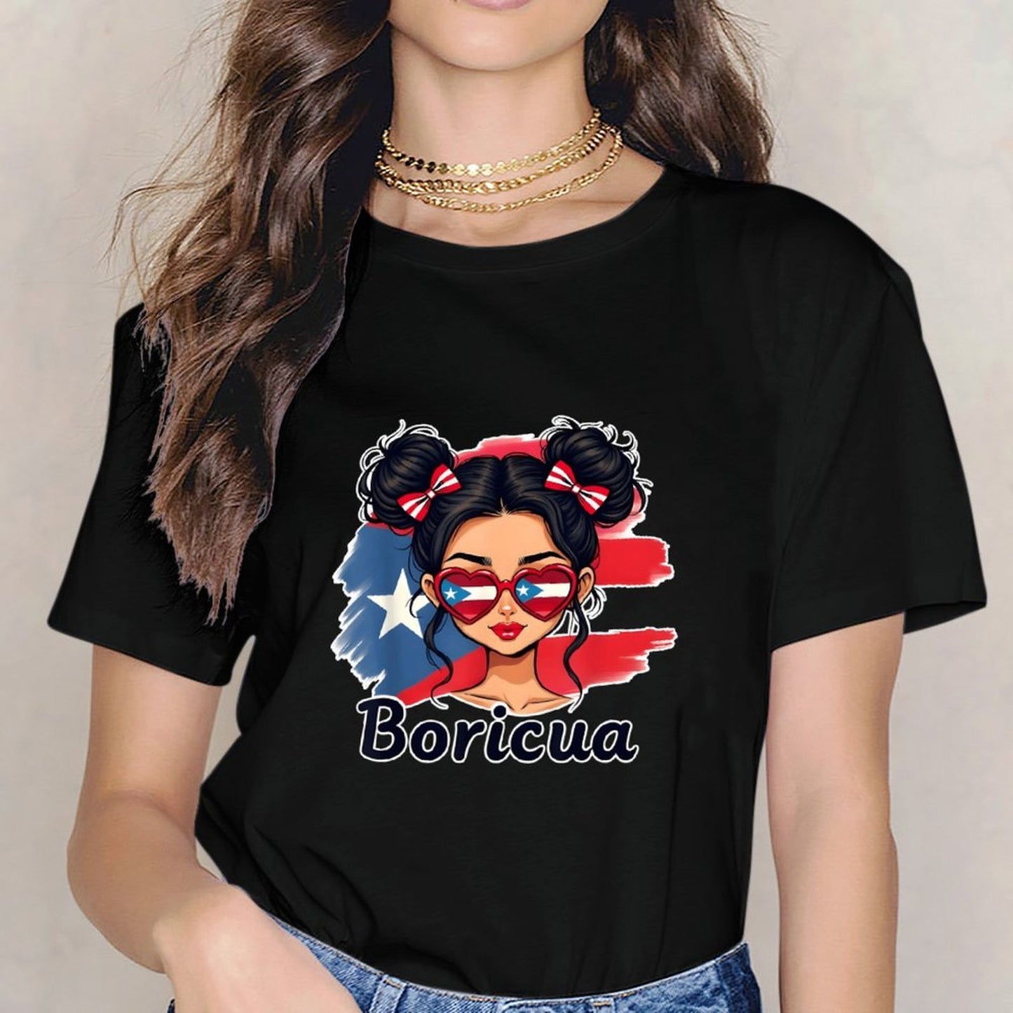 Inkmay Casual Cotton T-shirt Puerto Rican Flag Heart Glasses Boricua Unisex T-shirtSharp Pure T-Shirt