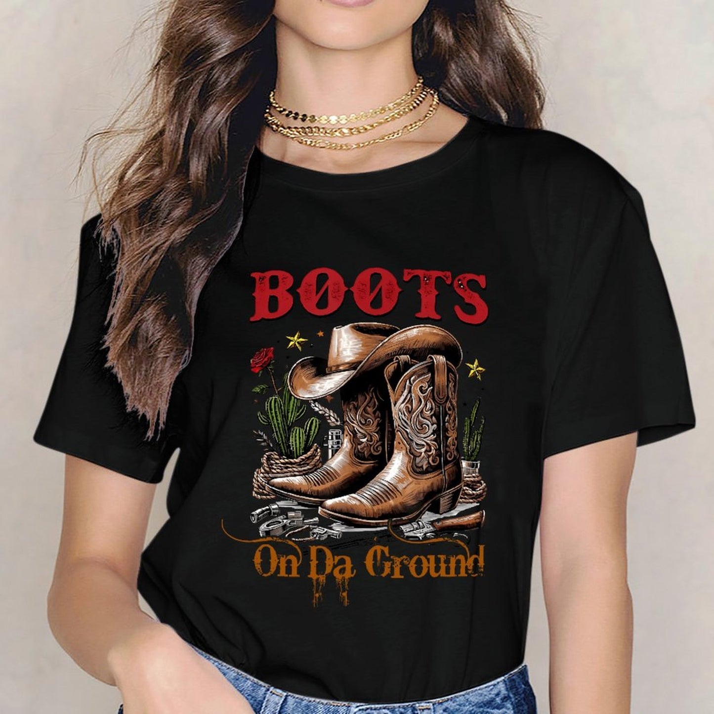 Inkmay Casual Cotton T-shirt Brown Cowboy Boots With Floral Design Unisex T-shirtVibrant Colors Reliable T-Shirt