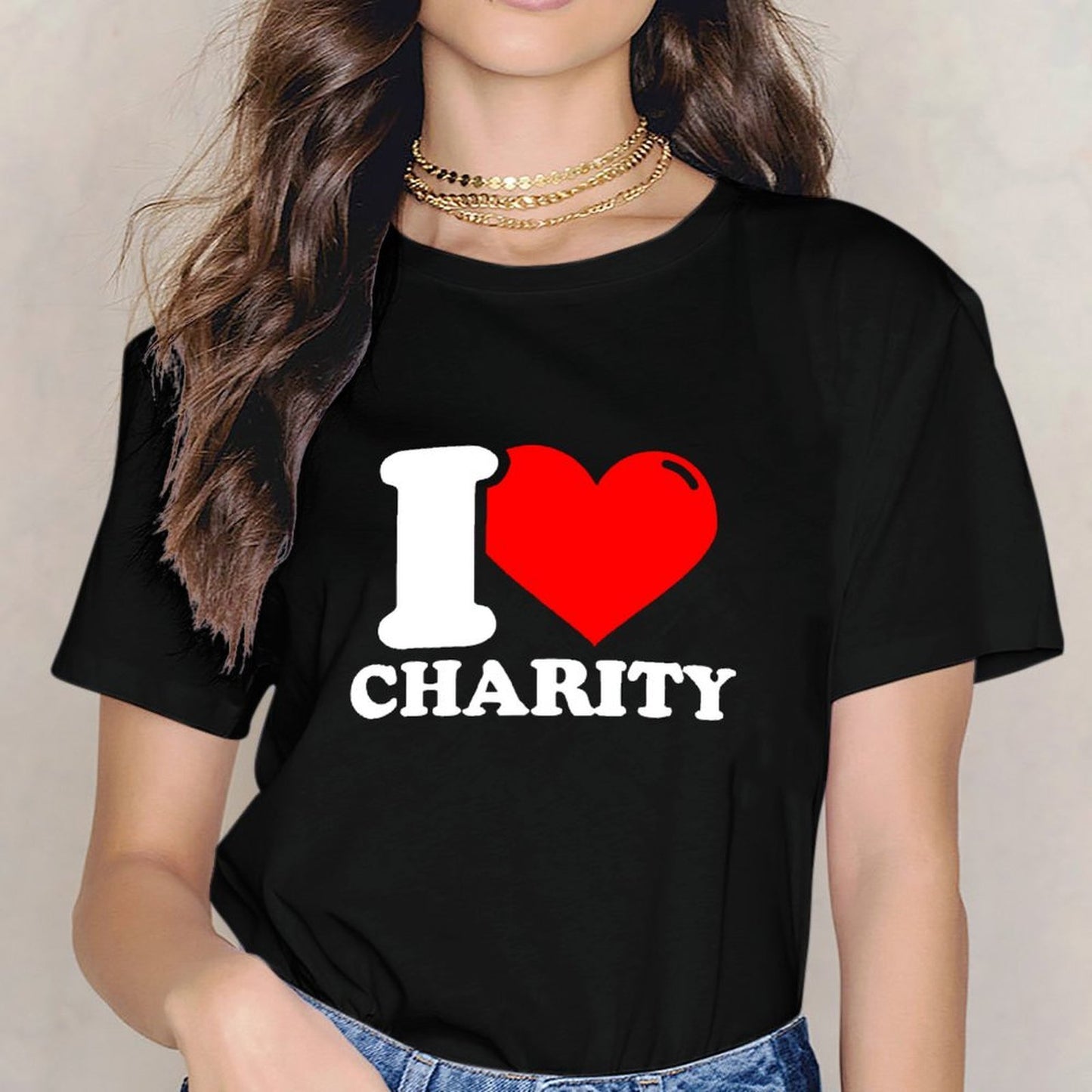 Inkmay Casual Cotton T-shirt I Love Charity Red Heart Design Unisex T-shirtClean Easy-Care T-Shirt