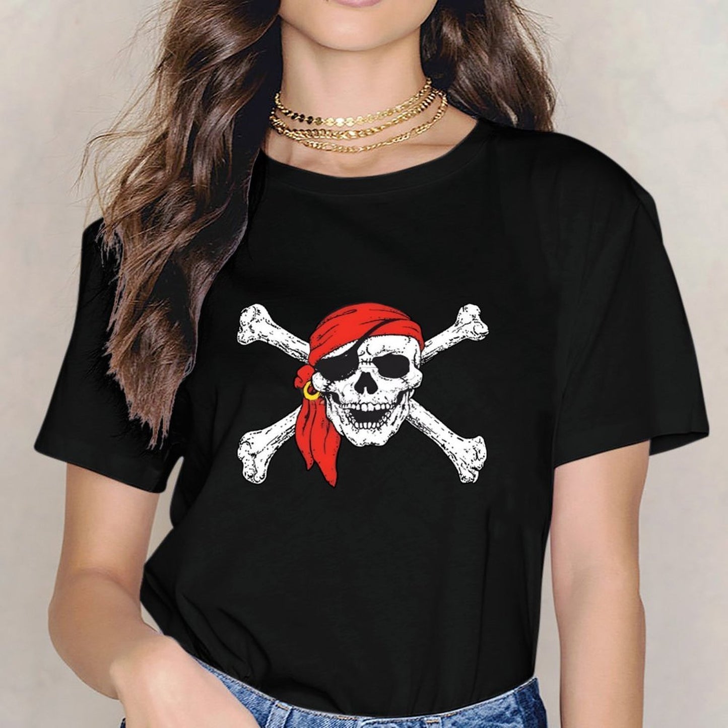 Inkmay Casual Cotton T-shirt Pirate Skull With Red Bandana Crossbones Unisex T-shirtNeat Clean T-Shirt