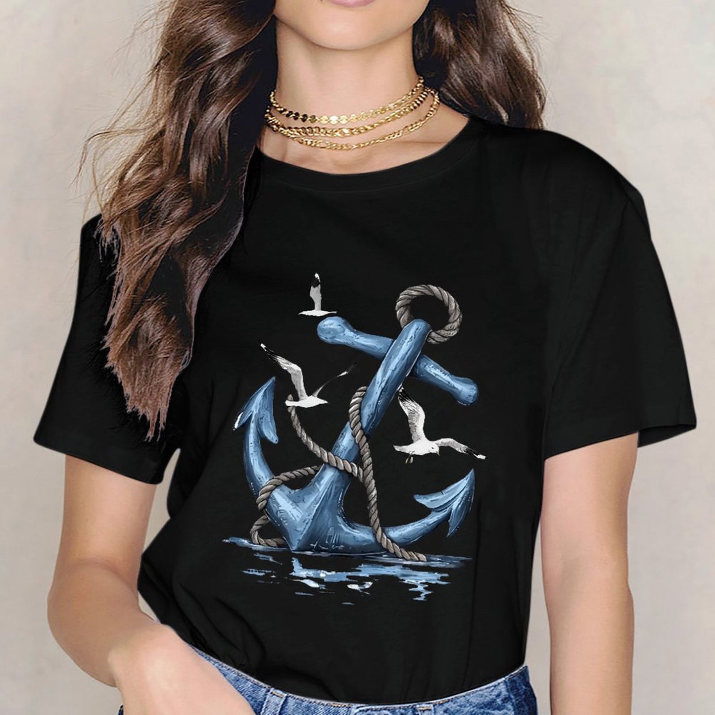 Inkmay Casual Cotton T-shirt Anchor With Rope And Birds Unisex T-shirtStudio Lifestyle T-Shirt