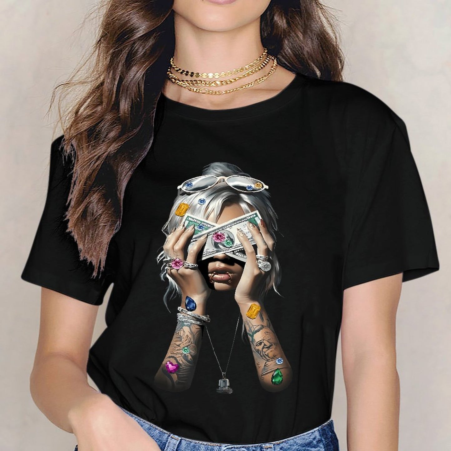 Inkmay Casual Cotton T-shirt Luxury Woman Holding Money With Gems Unisex T-shirtOriginal Chill T-Shirt