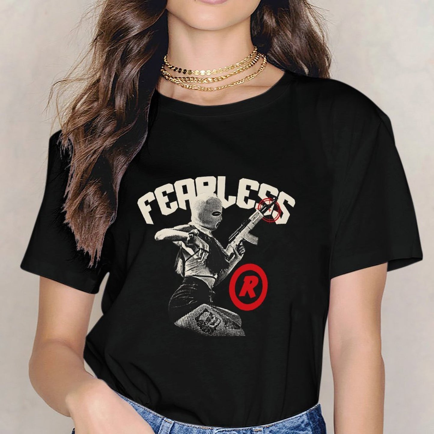 Inkmay Casual Cotton T-shirt Fearless Soldier With Gun And Shield Unisex T-shirtStreetStyle Fade-Proof T-Shirt