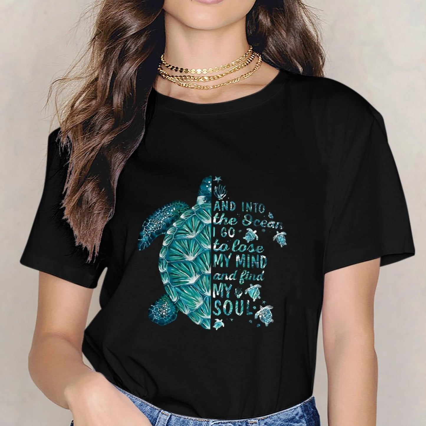 Inkmay Casual Cotton T-shirt Blue Turtle With Glass Beads Unisex T-shirtCrewneck Modern T-Shirt