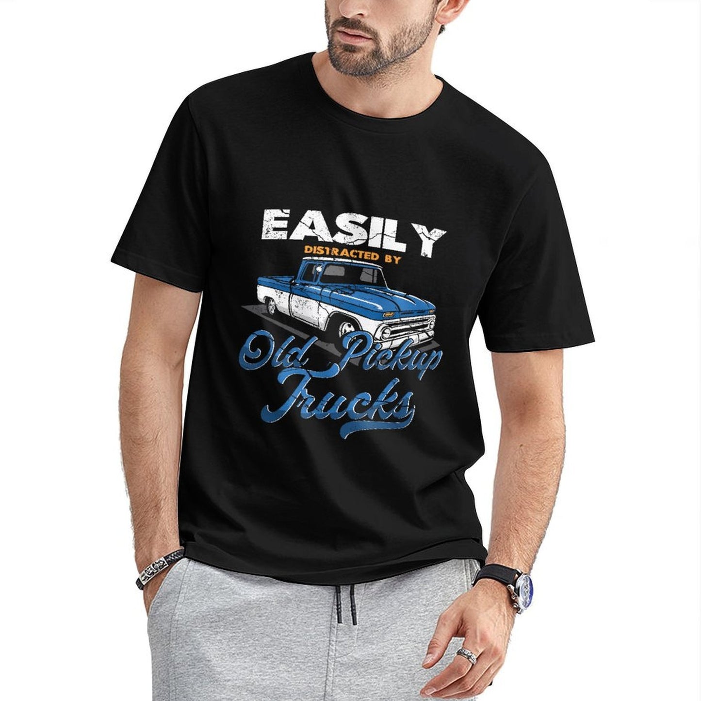 Inkmay Casual Cotton T-shirt Old Pickup Trucks Blue And White Unisex T-shirtClassicFit Smooth Feel T-Shirt