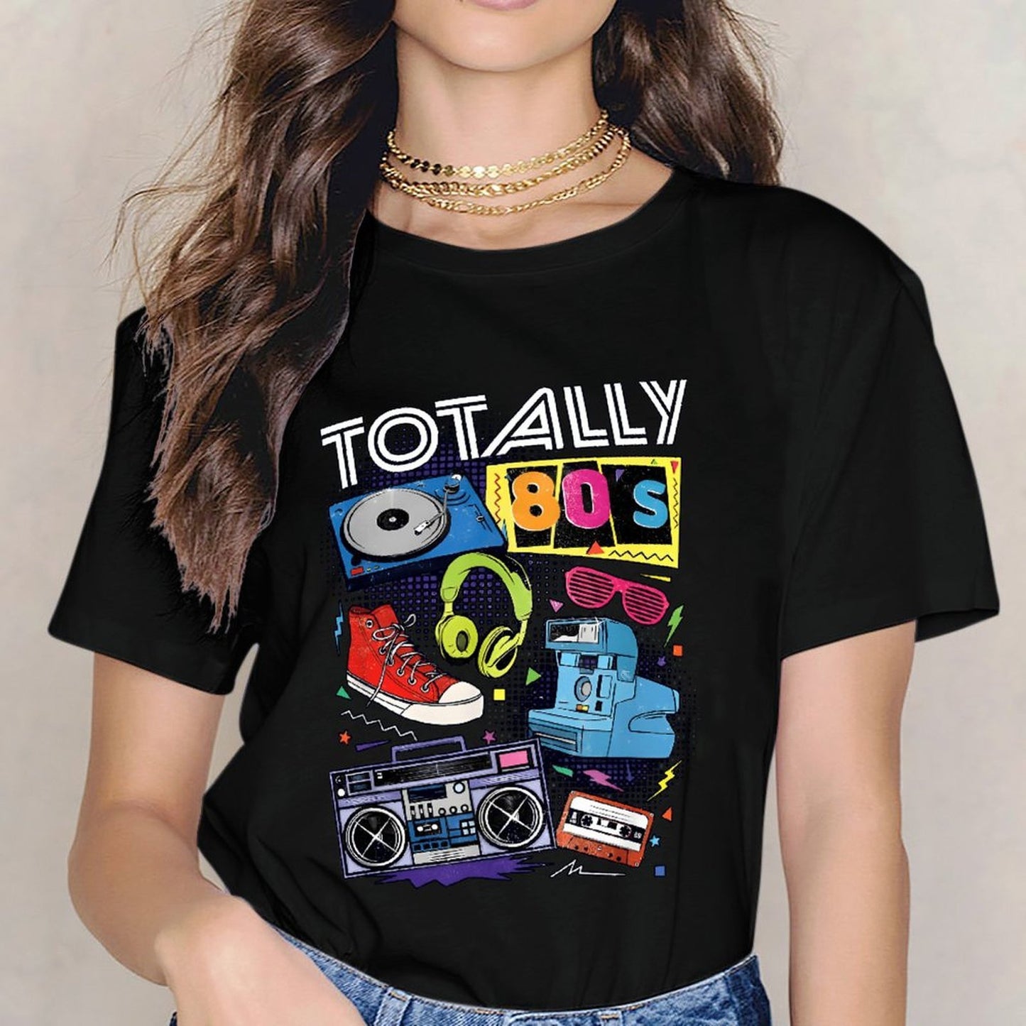 Inkmay Casual Cotton T-shirt Totally Eighties Retro Style Artwork Design Unisex T-shirtShrink-Resistant Performance T-Shirt