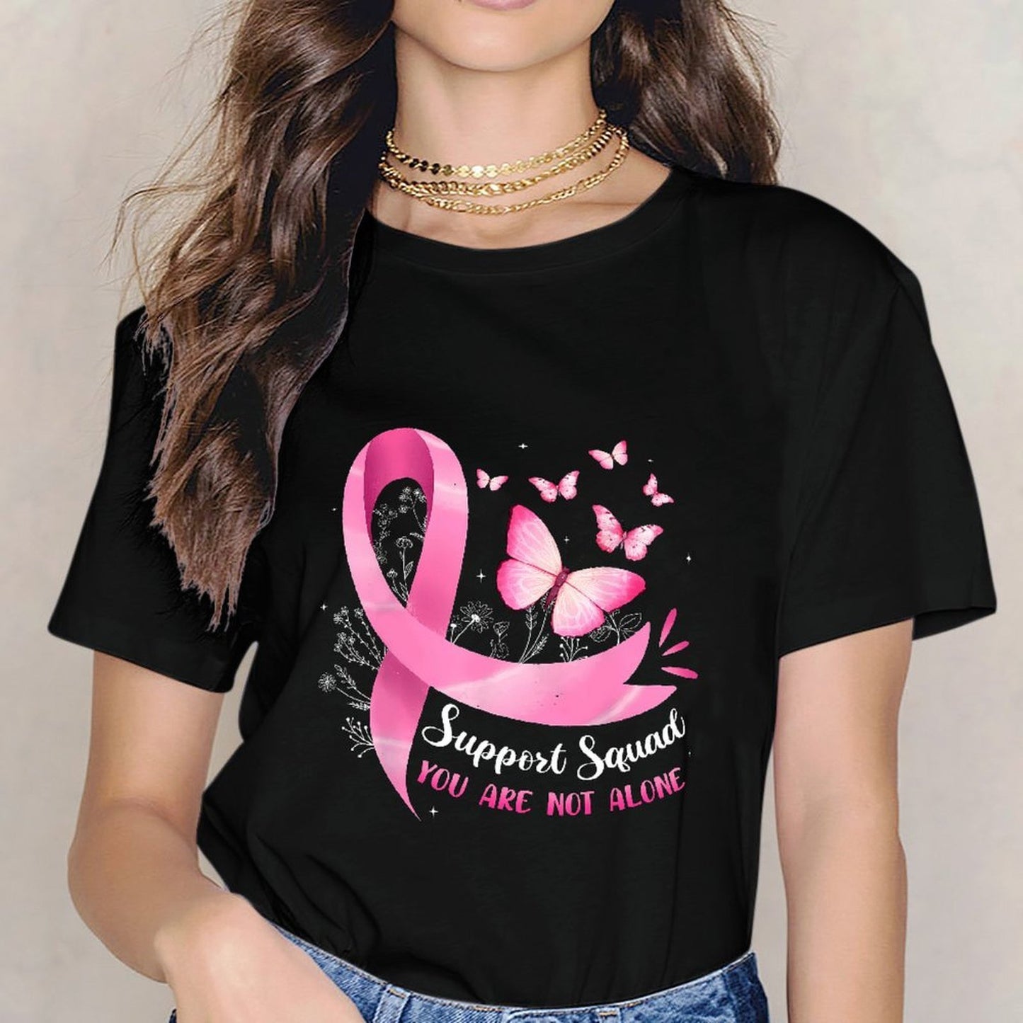 inkmay-casual-cotton-t-shirt-pink-ribbon-butterflies-support-squad-design-unisex-t-shirt