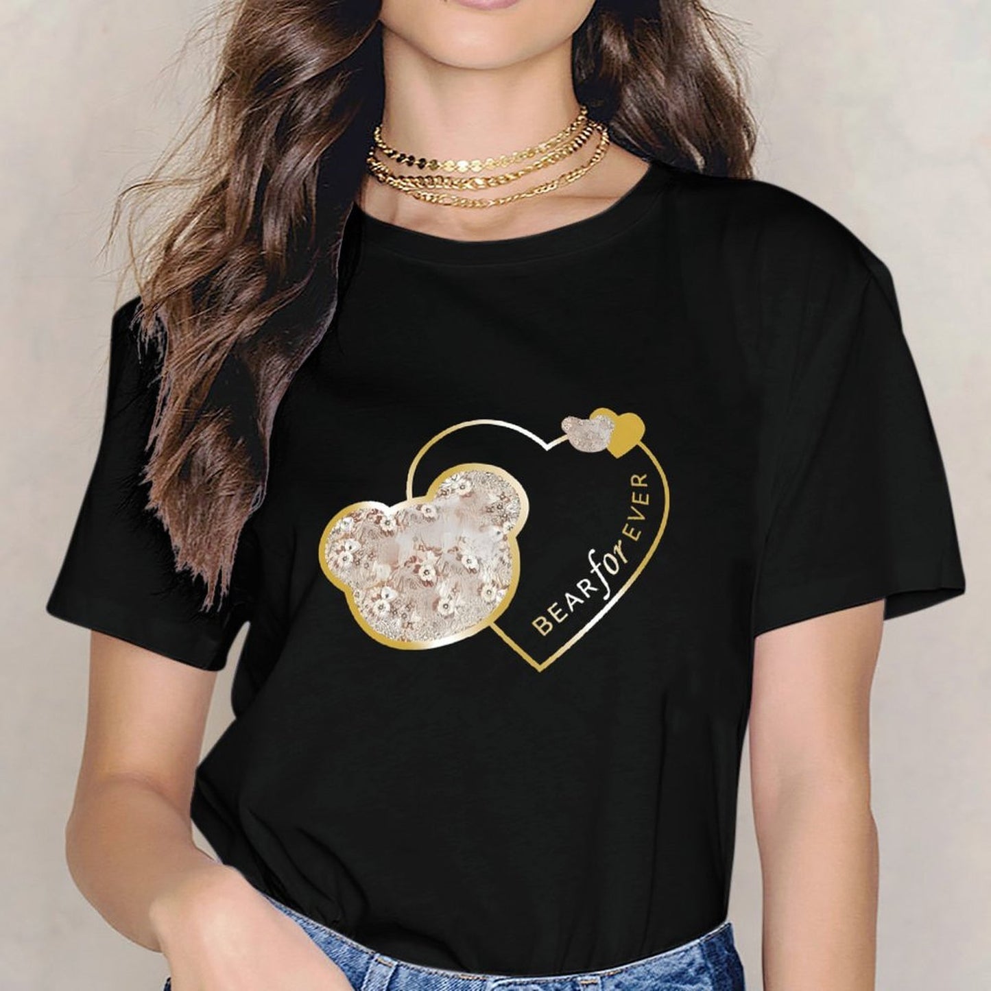 Inkmay Casual Cotton T-shirt Heart Shaped Floral Pattern With Gold Unisex T-shirtEverydaySeries Smooth Feel T-Shirt