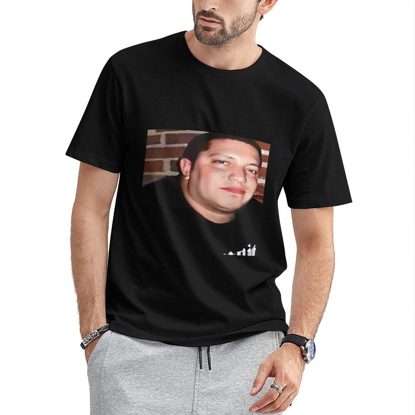 Inkmay Casual Cotton T-shirt Man Wears Black Shirt Against Brick Unisex T-shirtTrueFit Clean Edges T-Shirt