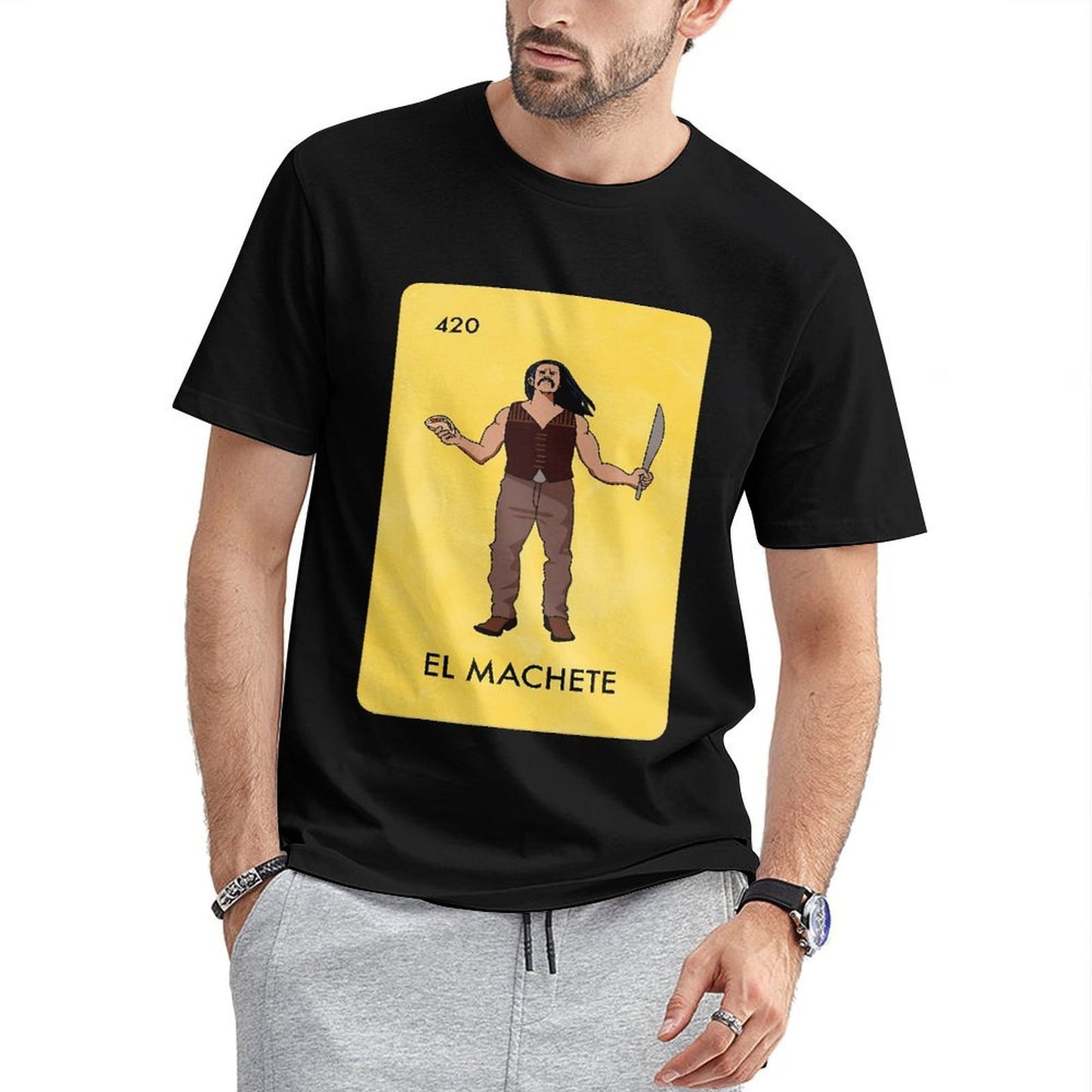 Inkmay Casual Cotton T-shirt Man Holding Machete In Yellow Background Unisex T-shirtUltra Durable Strong T-Shirt