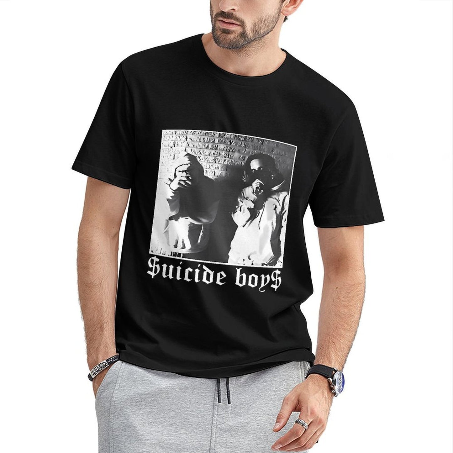 Inkmay Casual Cotton T-shirt Two Figures Against Brick Wall Background Unisex T-shirtSoftLine Relaxed Fit T-Shirt