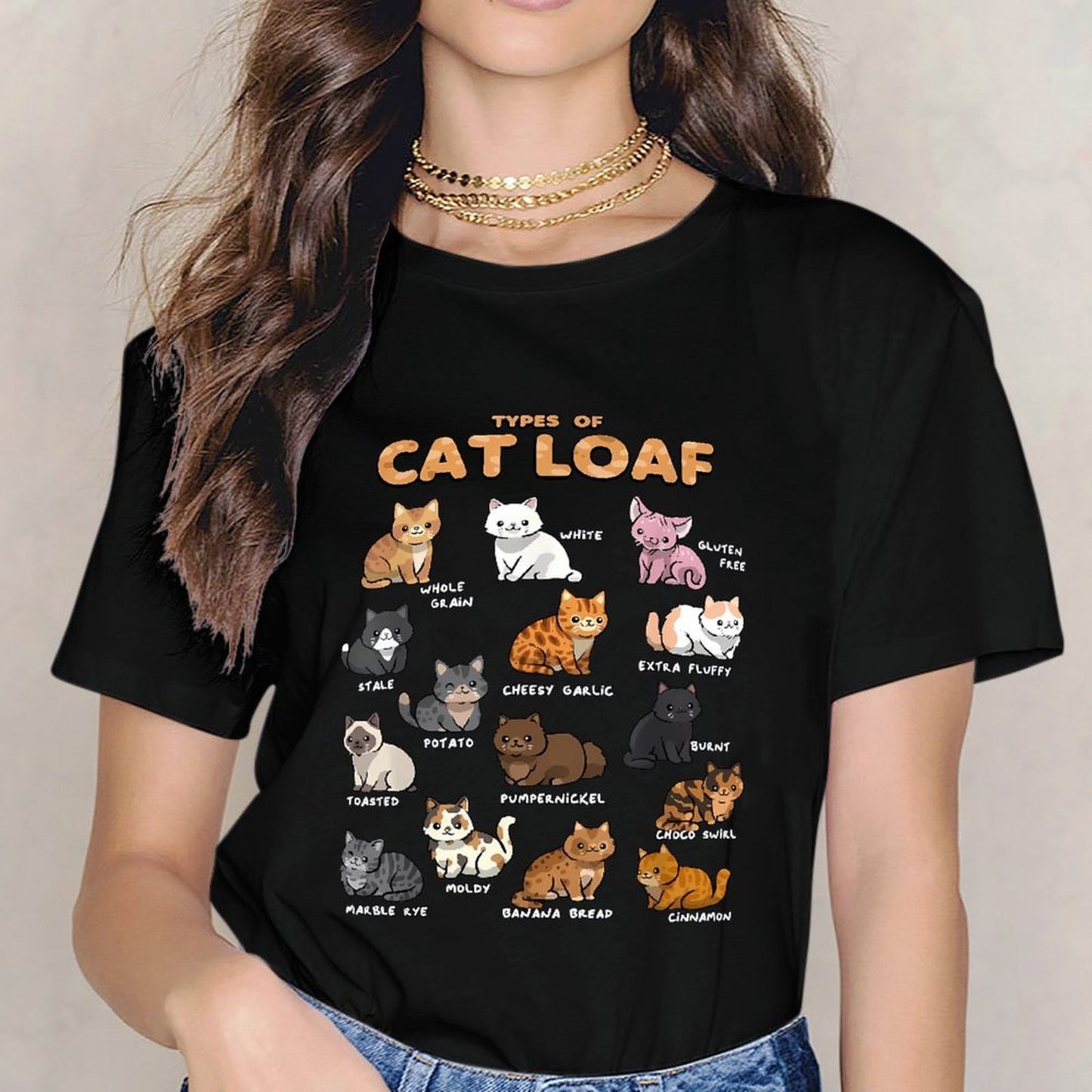 Inkmay Casual Cotton T-shirt Cat Loaf Types Illustrated Cartoonishly Unisex T-shirtRegularFit Durable T-Shirt