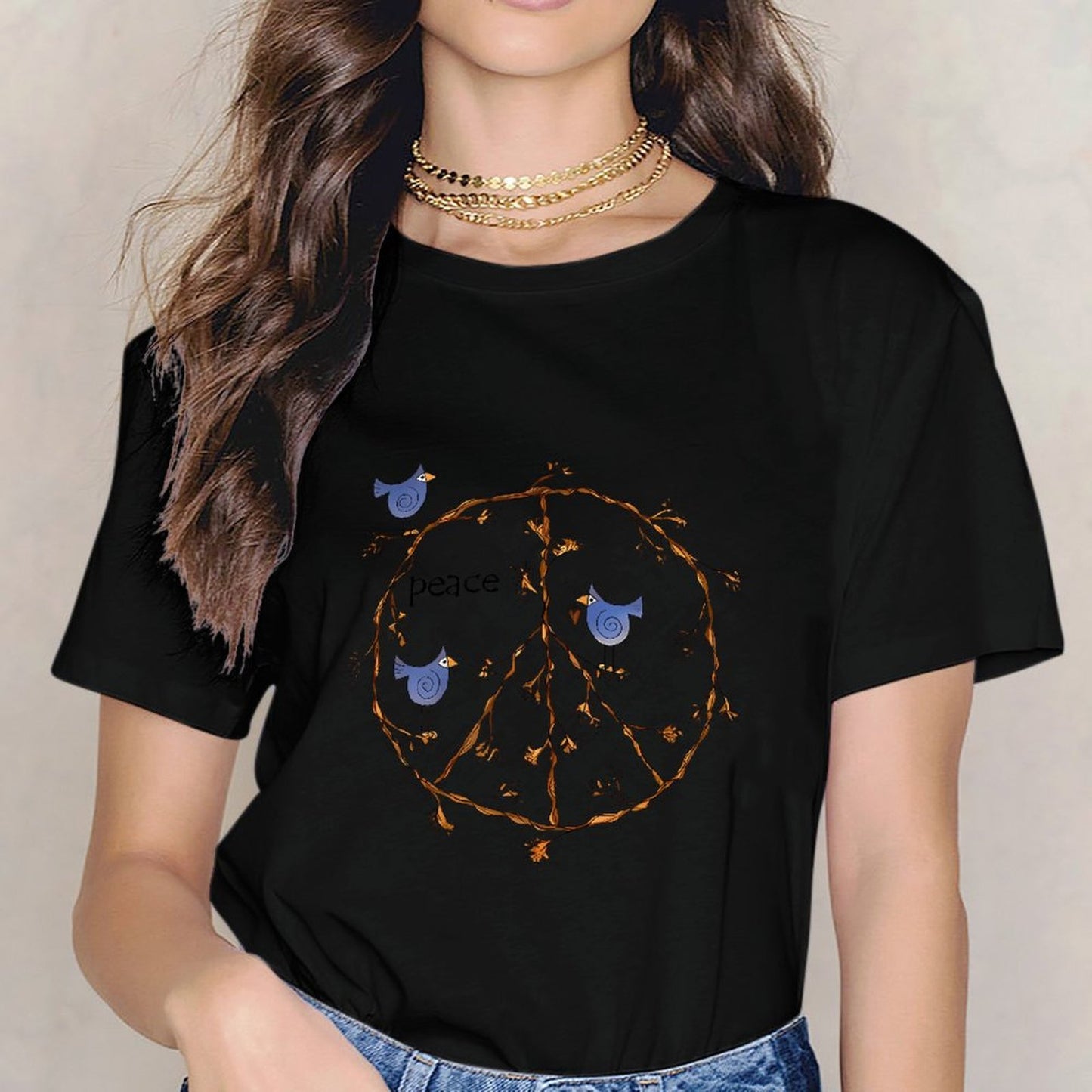 Inkmay Casual Cotton T-shirt Peace Sign With Birds And Branches Unisex T-shirtPureStyle Premium T-Shirt