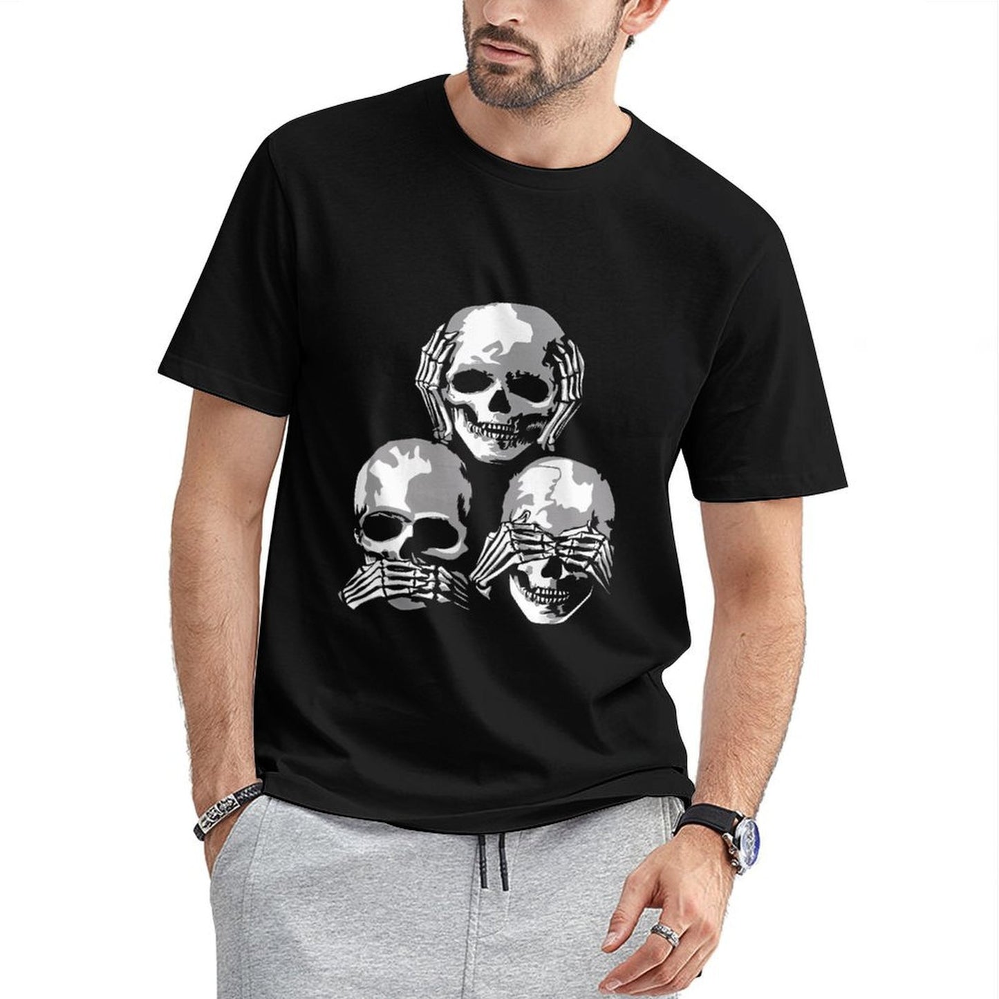 Inkmay Casual Cotton T-shirt Three Skulls Covering Eyes Mouth Unisex T-shirtClassic Outdoor T-Shirt
