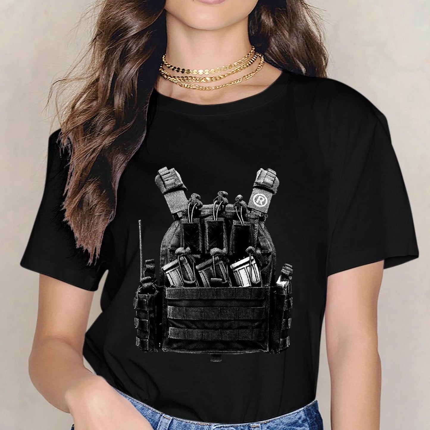 Inkmay Casual Cotton T-shirt Tactical Vest With Various Pouches Attached Unisex T-shirtSolid Sleek T-Shirt
