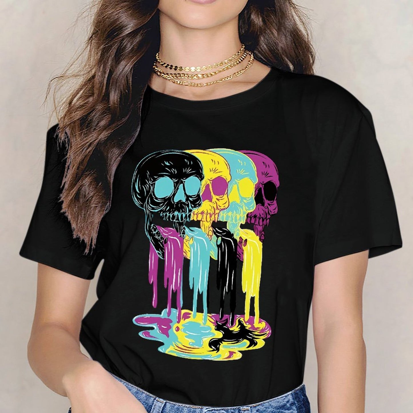 Inkmay Casual Cotton T-shirt Colorful Skulls With Dripping Paint Effects Unisex T-shirtActiveWear ComfortFit T-Shirt