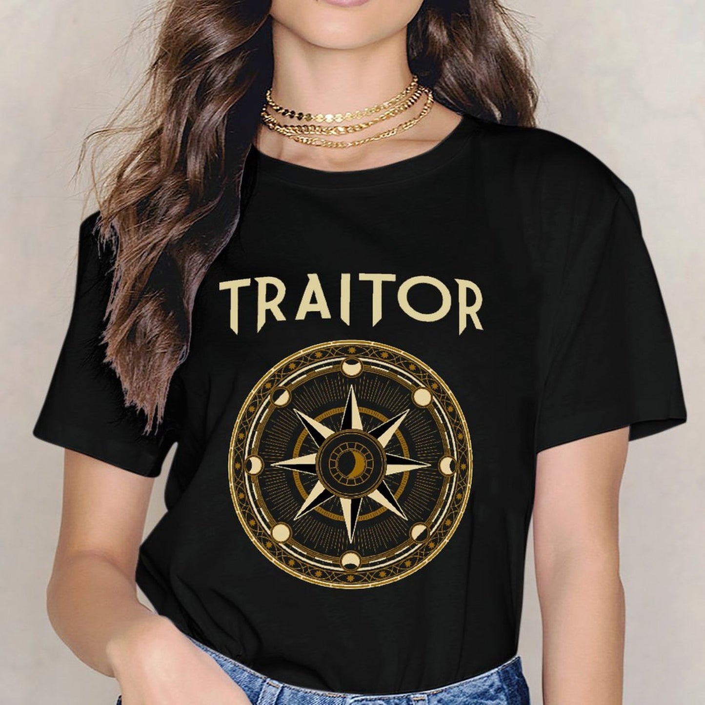 Inkmay Casual Cotton T-shirt Circular Compass Design With Gold Accents Unisex T-shirtLightweight Urban T-Shirt