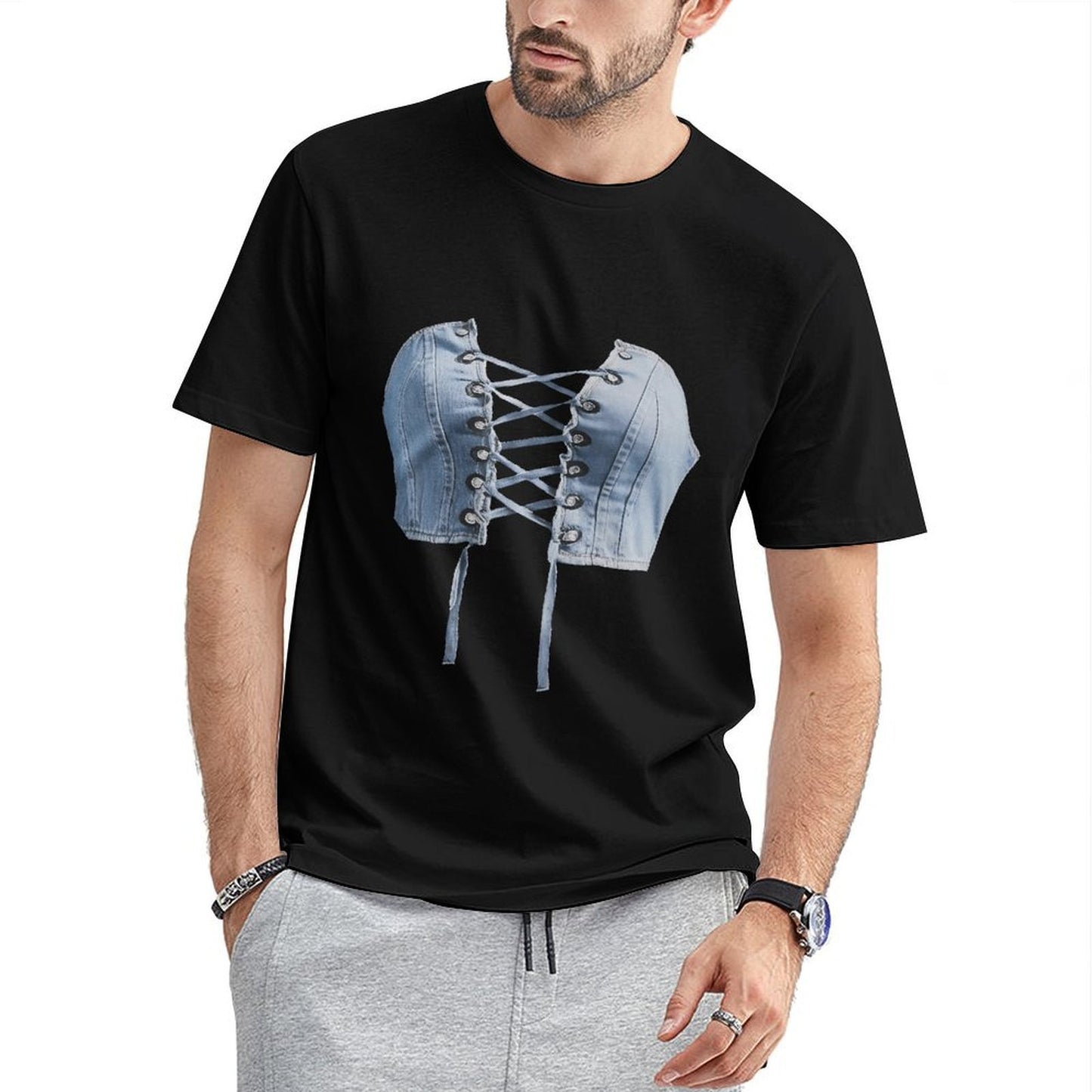 Inkmay Casual Cotton T-shirt Denim Material With Lace Up Design Unisex T-shirtShrink-Resistant Fade-Proof T-Shirt