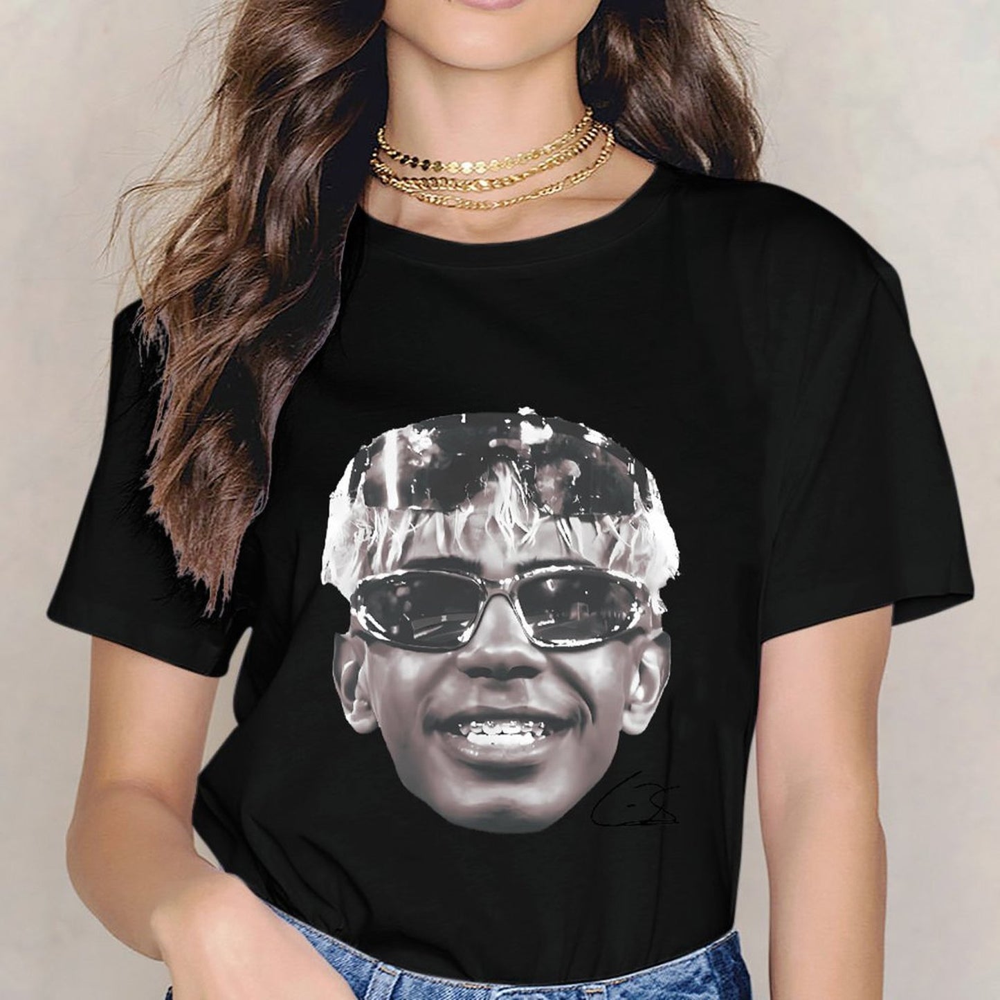 Inkmay Casual Cotton T-shirt Stylized Face With Reflective Sunglasses Design Unisex T-shirtSport YearRound T-Shirt
