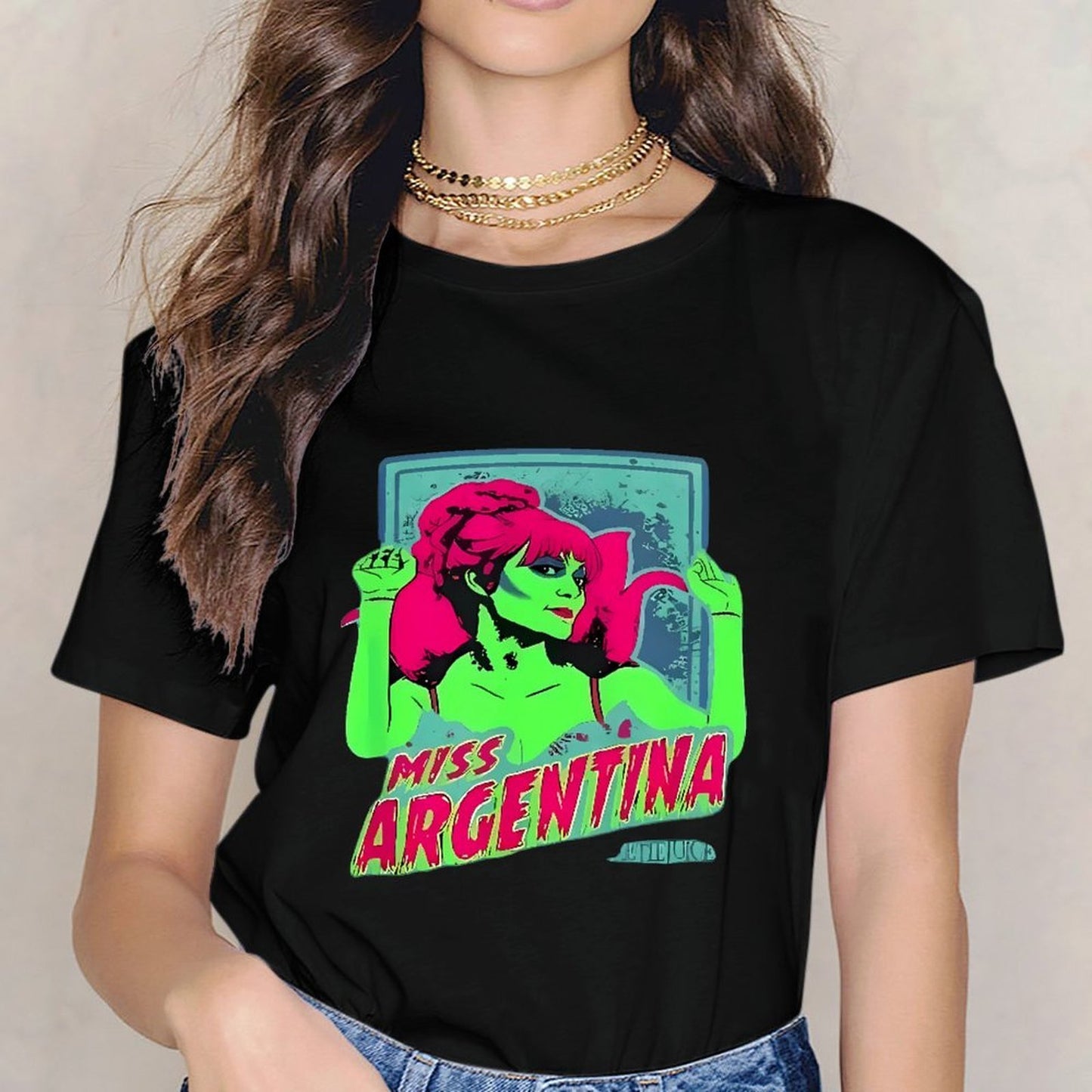 Inkmay Casual Cotton T-shirt Miss Argentina Bright Green Pink Art Unisex T-shirtEssentialFit Printing T-Shirt