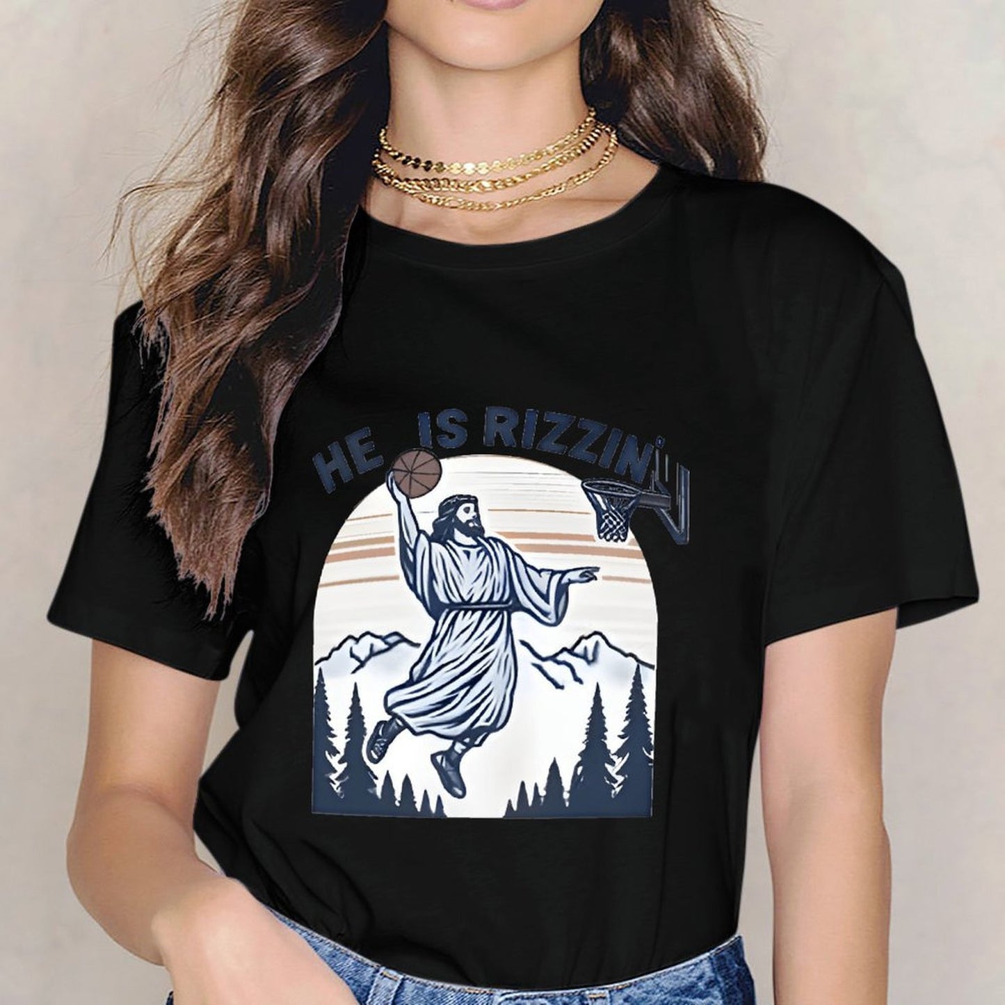 Inkmay Casual Cotton T-shirt Jesus Playing Basketball In Mountain Scene Unisex T-shirtColorfast Neat T-Shirt