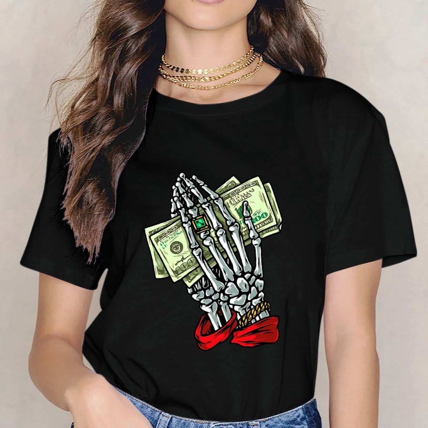 Inkmay Casual Cotton T-shirt Skeleton Hand Holding Money Bills Art Unisex T-shirtDailyFit ComfortSeries T-Shirt