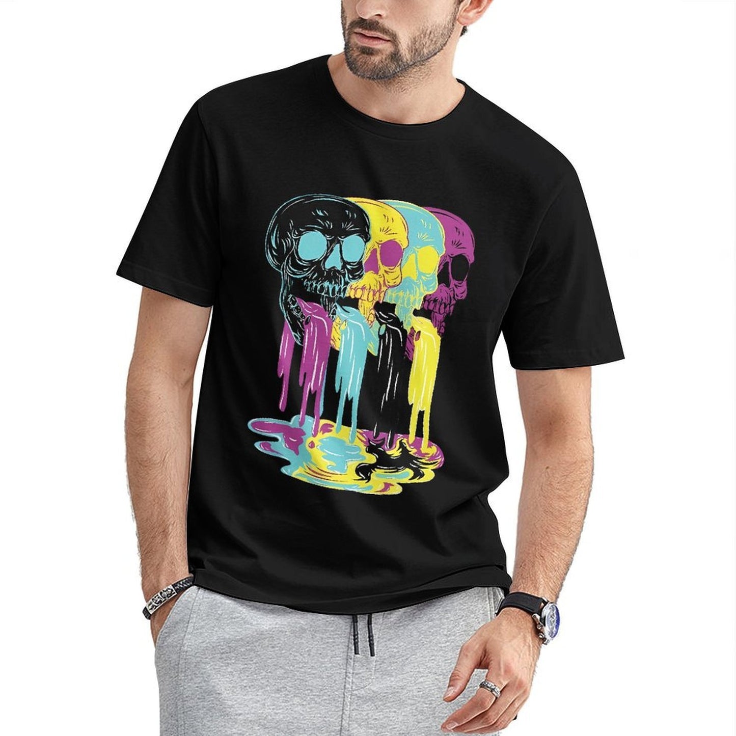 Inkmay Casual Cotton T-shirt Colorful Skulls With Dripping Paint Effects Unisex T-shirtActiveWear ComfortFit T-Shirt