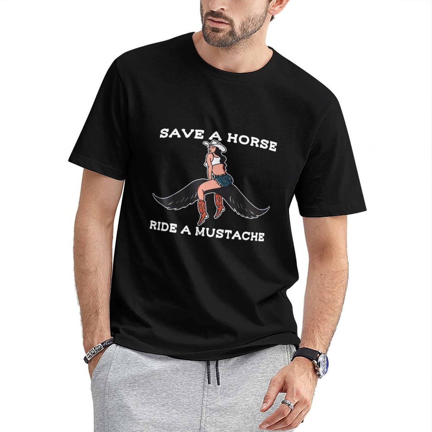 Inkmay Casual Cotton T-shirt Cowgirl Riding Pegasus With Mustache Pattern Unisex T-shirtSport SmoothWear T-Shirt