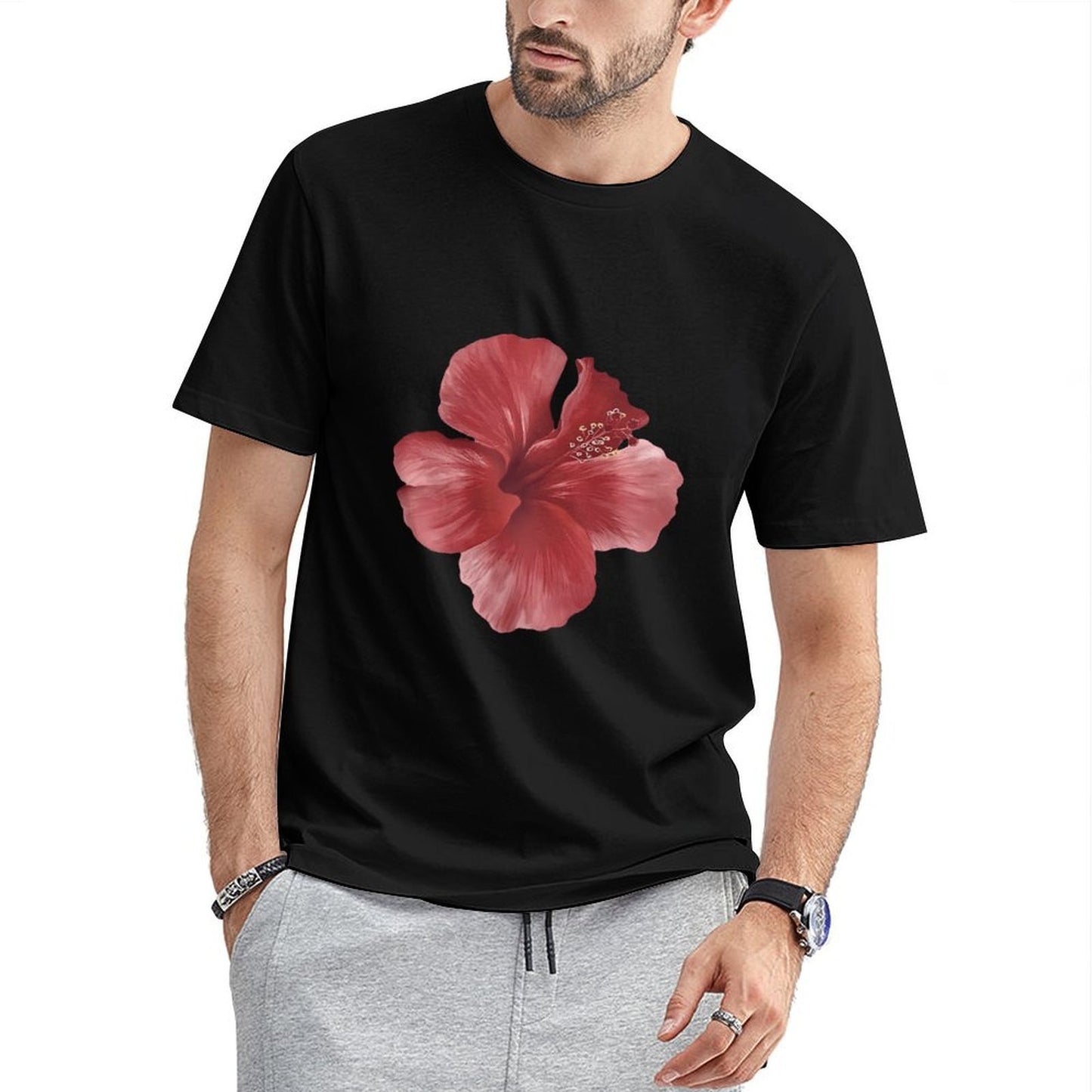Inkmay Casual Cotton T-shirt Vivid Red Hibiscus Flower Art Print Unisex T-shirtPremium Finish Smooth Feel T-Shirt