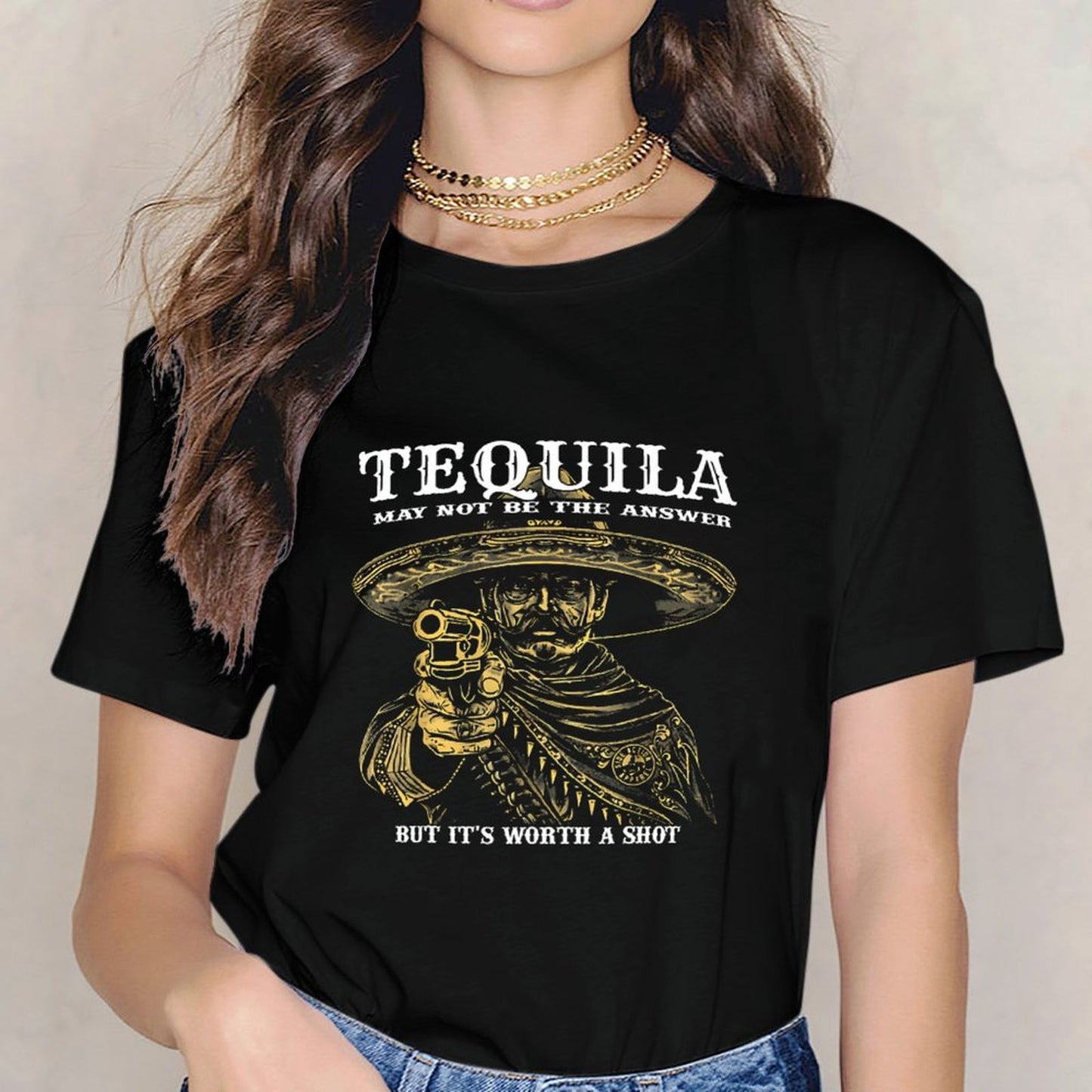 Inkmay Casual Cotton T-shirt Man Wearing Sombrero Holding Pistol Artwork Unisex T-shirtEverydaySeries ComfortFit T-Shirt