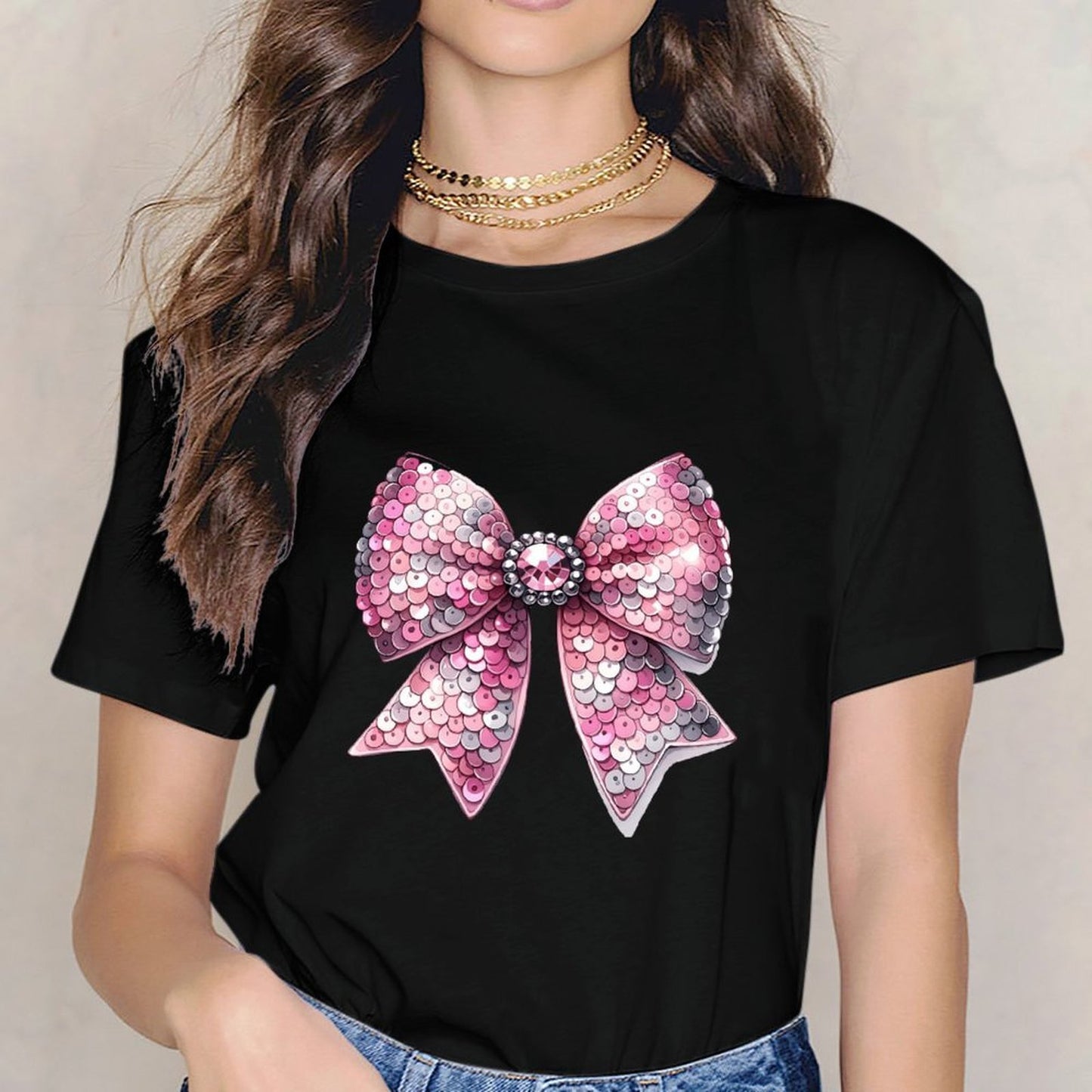 Inkmay Casual Cotton T-shirt Shiny Pink Sequin Bow Design Unisex T-shirtLogo-Ready LooseFit T-Shirt